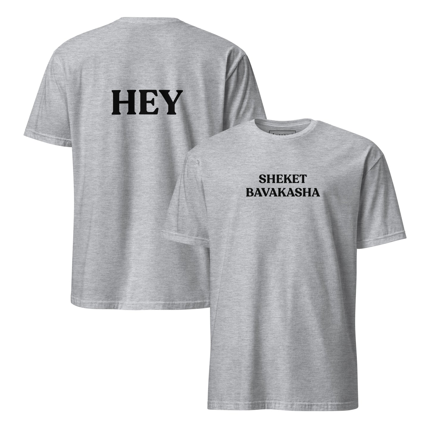 Front and Back of Gray Sheket Bavakasha Hey T-Shirt
