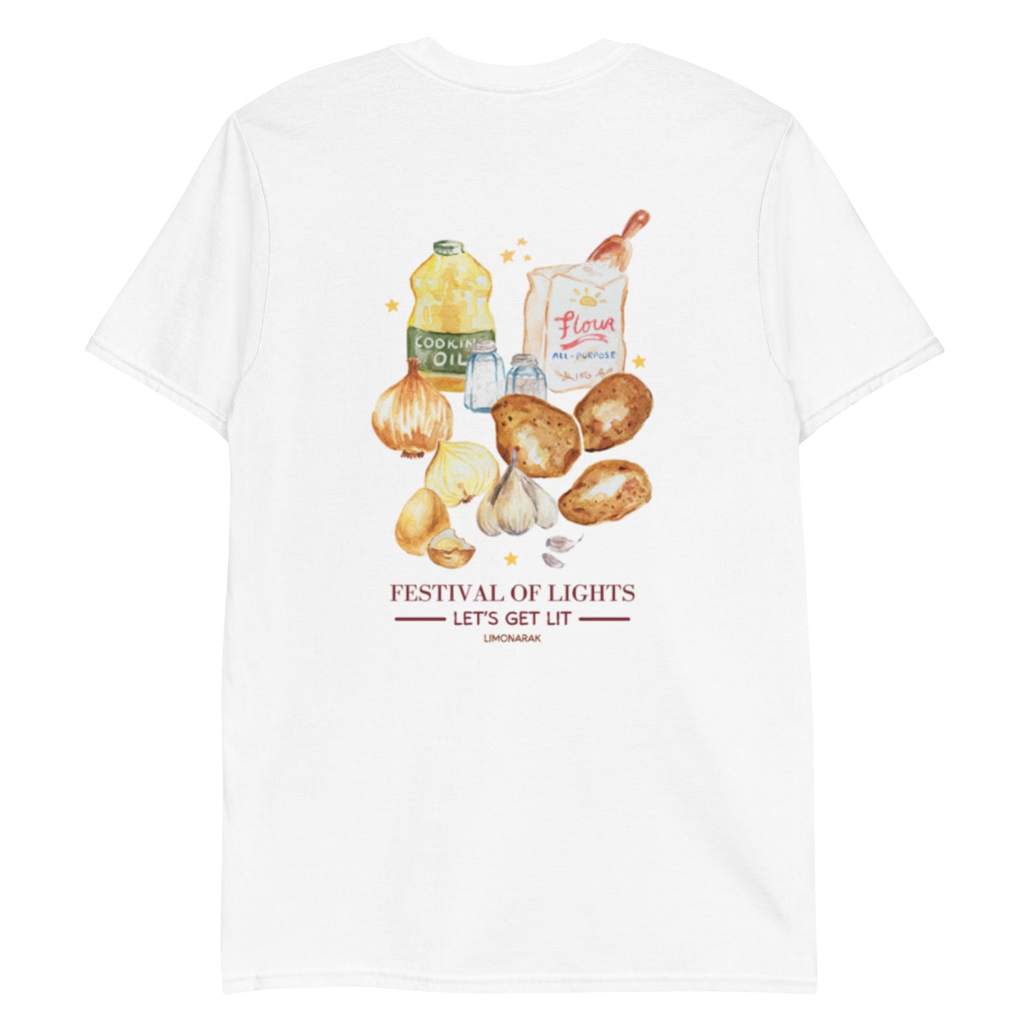 White Back Festival Of Lights Latkes T-Shirt - Front & Back