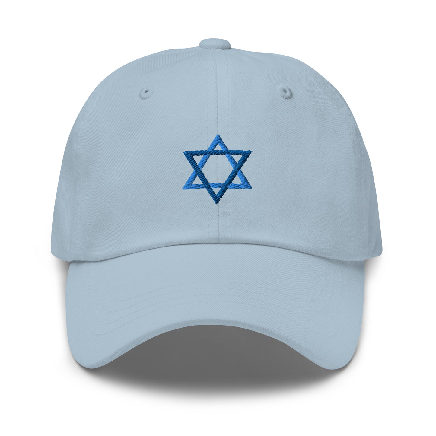 Light Blue Star Of David Hat - Introducing our Jewish Star Hat - made with comfortable cotton and a blue Jewish Star design expertly embroidered on the front. Make a statement and share your Jewish Pride with this classic dad hat, perfect for everyday streetwear in a variety of colors.