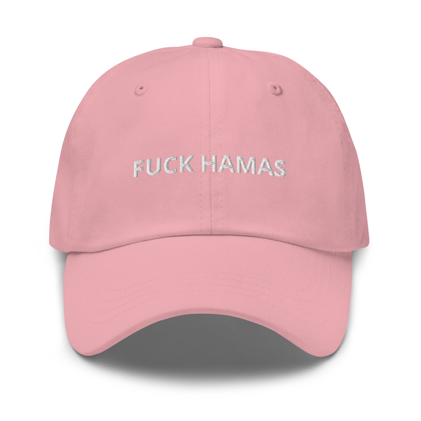 Pink Fuck Hamas Hat - Introducing our Fuck Hamas Dad Hat - made with comfortable cotton and a bold, anti-Hamas design expertly embroidered on the front. Start conversations and make a statement with this classic dad hat, perfect for everyday streetwear in a variety of colors.