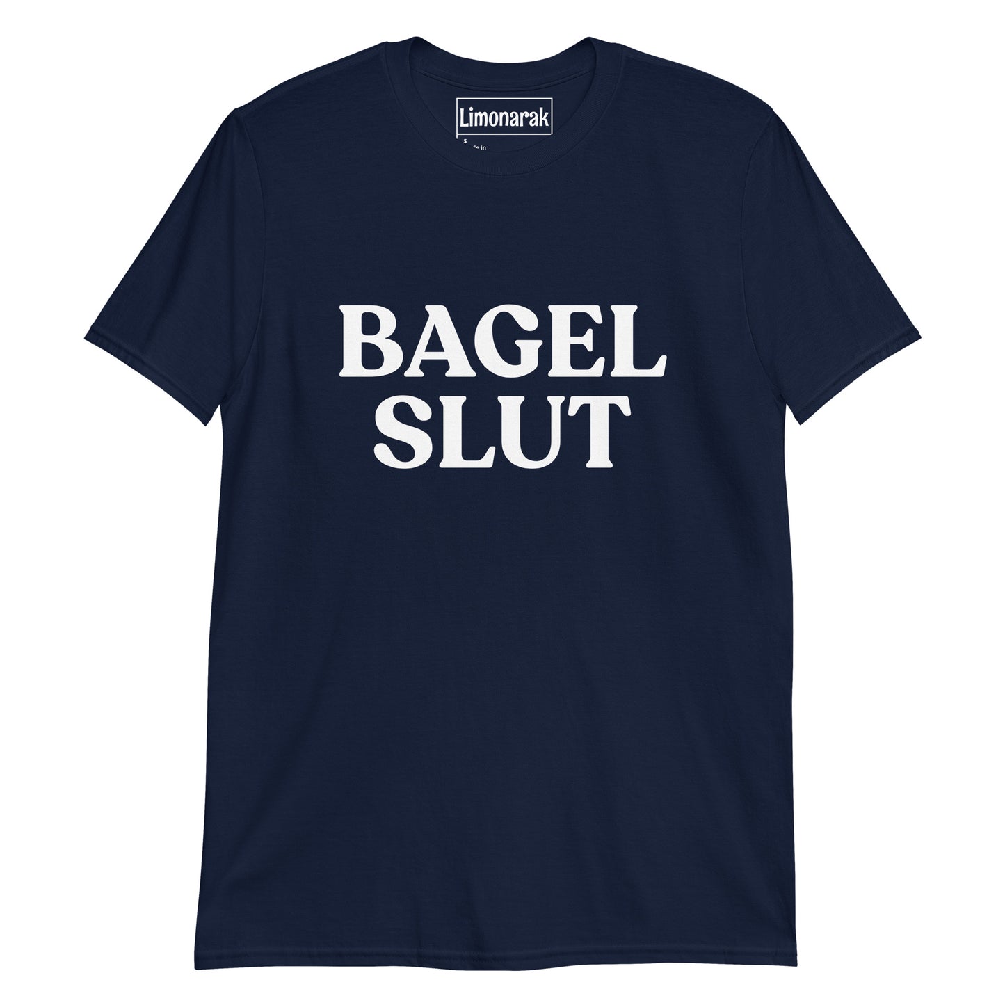 Navy Bagel Slut Shirt - This Bagel Slut T-Shirt proudly displays your love for all things bagel. Made with high quality materials, this shirt is soft and comfortable, perfect for everyday streetwear. Show off your love of bagels and make a bold statement with this unique and eye-catching bagel t-shirt. Looking for something personalized? Shoot us a message!