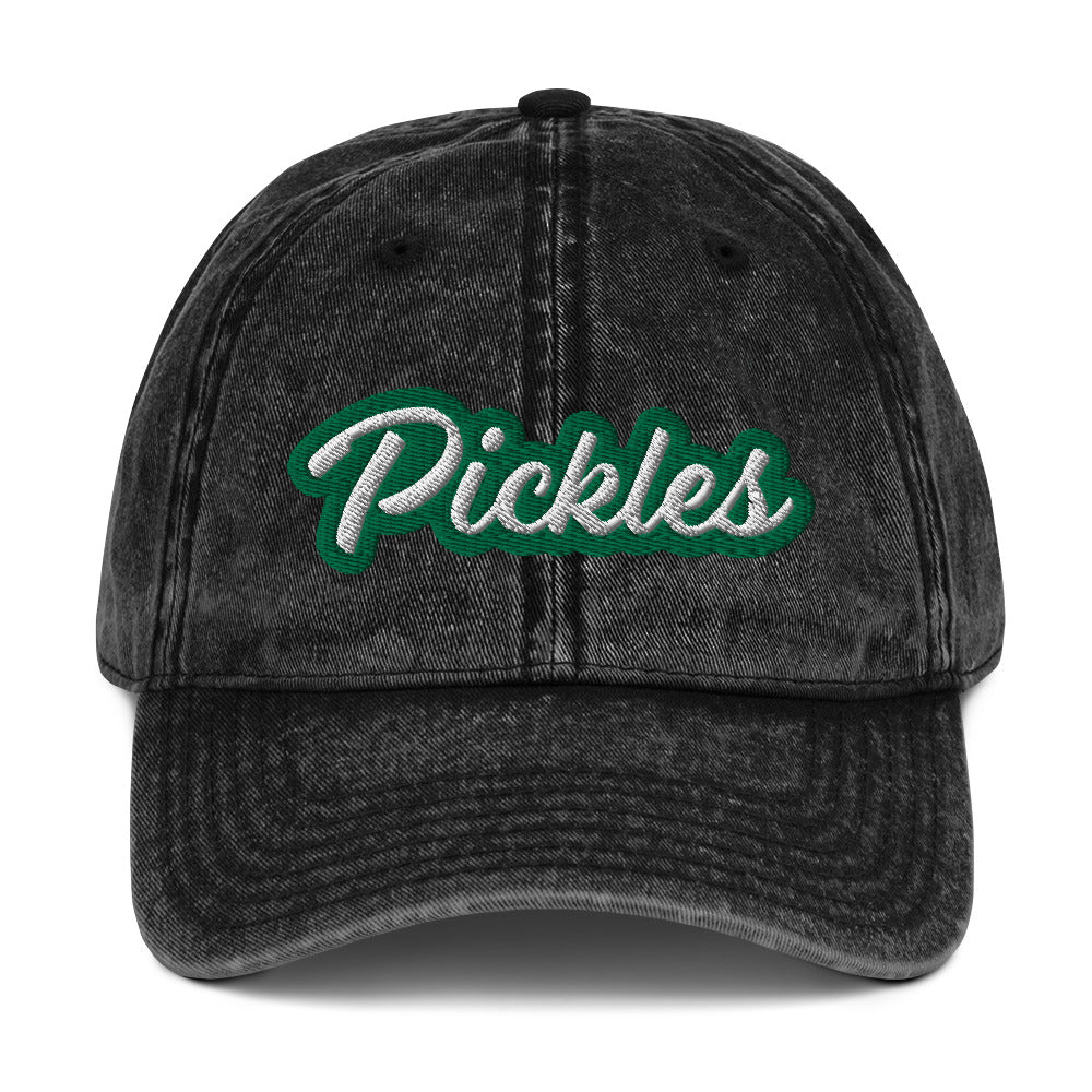 Black Pickles Hat - Upgrade your hat game with the Pickles Hat. It's a classic dad had with a funny design, expertly embroidered on the front. Show off your sense of humor and love for pickles with this unique accessory. It's sure to turn heads and have people asking where you got it.