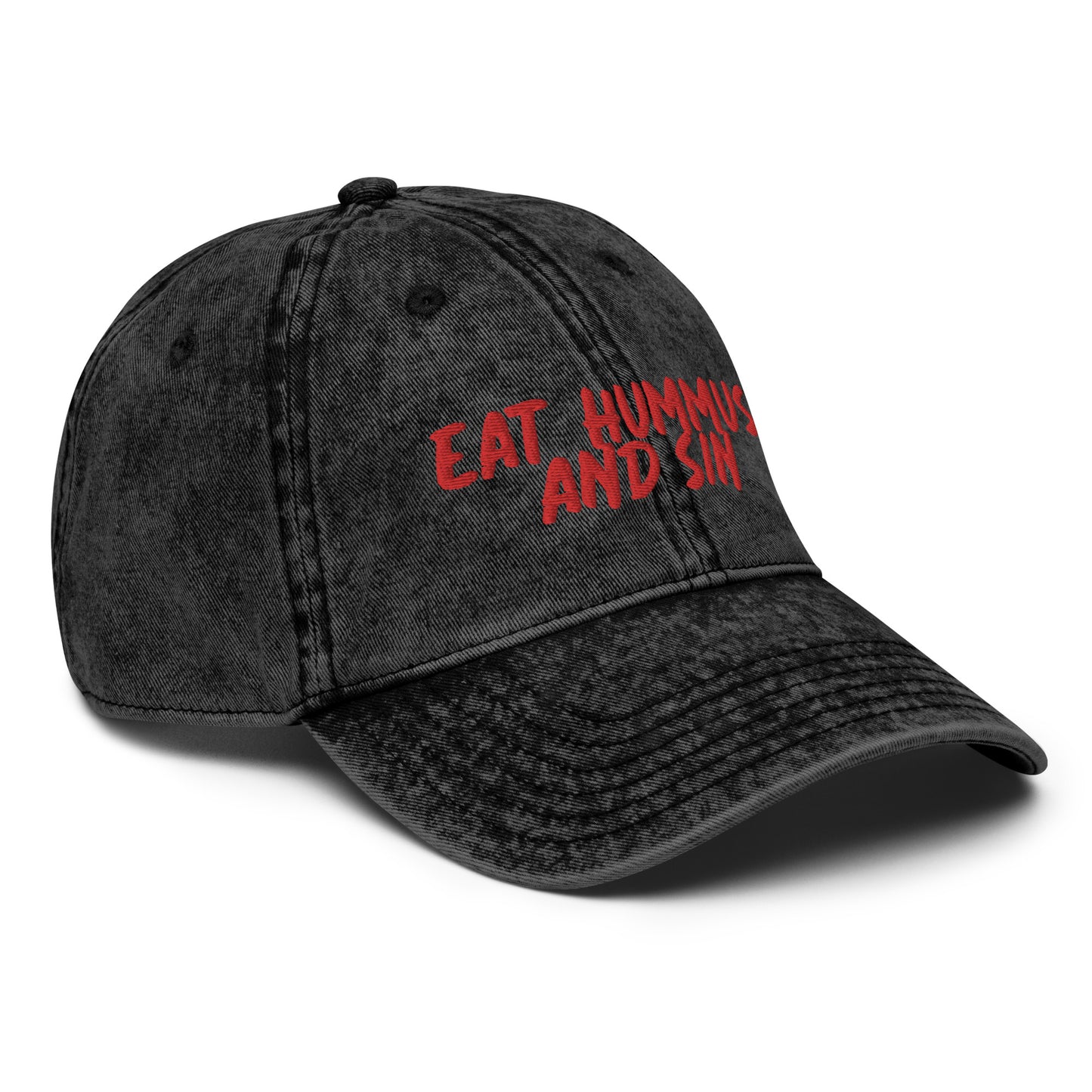 Black Hummus Hat - Love Hummus? This funny hummus hat is just what you need. Eat your favorite hummus and let your hat do the talking. It's made of comfortable cotton and comes in a variety of colors with a red embroidered "Eat Hummus And Sin". Perfect for everyday streetwear or a gift for a hummus enthusiast.