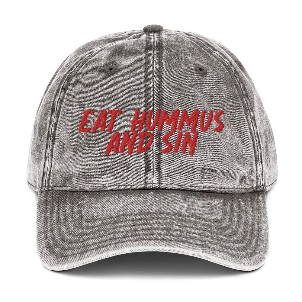 Gray Hummus Hat - Love Hummus? This funny hummus hat is just what you need. Eat your favorite hummus and let your hat do the talking. It's made of comfortable cotton and comes in a variety of colors with a red embroidered "Eat Hummus And Sin". Perfect for everyday streetwear or a gift for a hummus enthusiast.