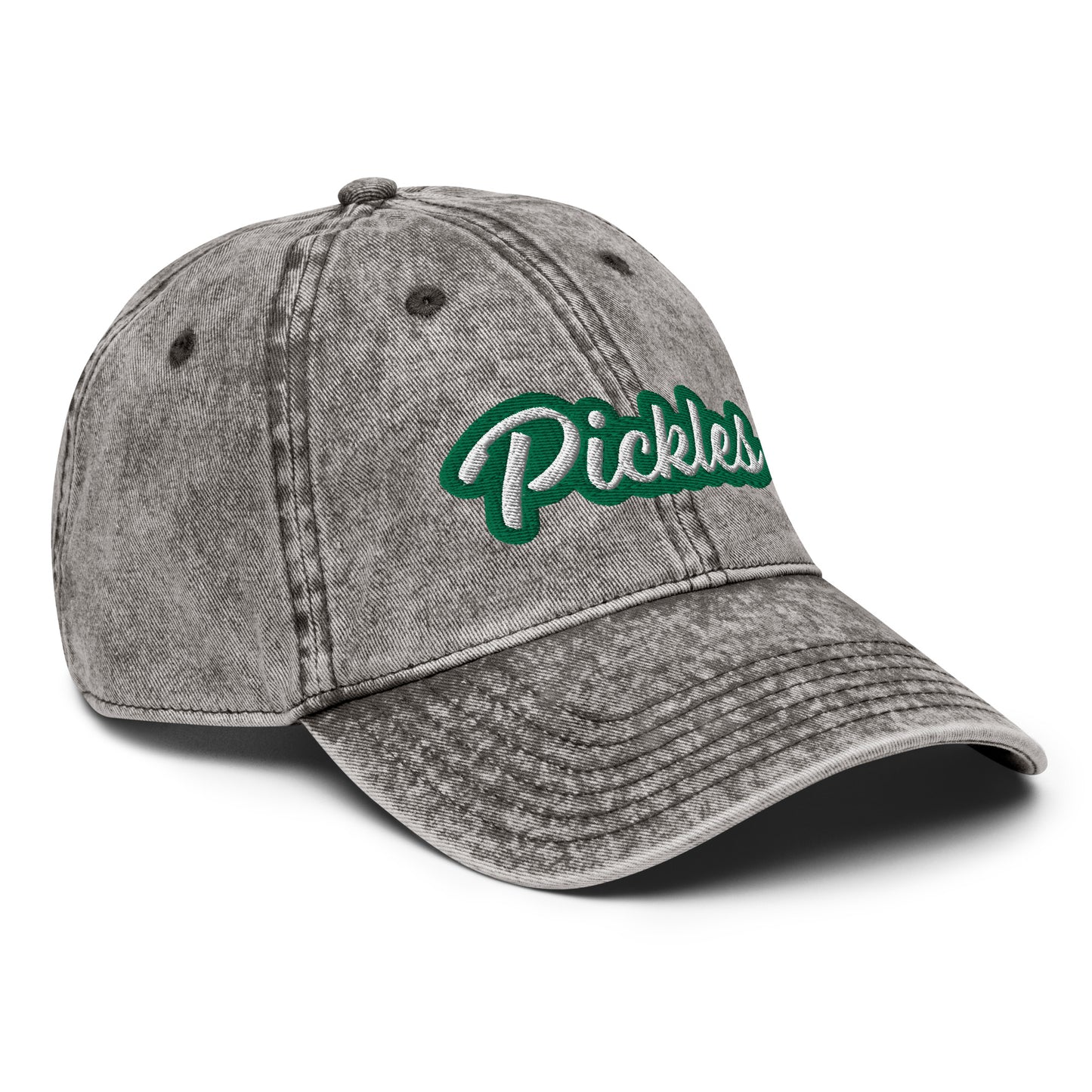 Gray Pickles Hat - Upgrade your hat game with the Pickles Hat. It's a classic dad had with a funny design, expertly embroidered on the front. Show off your sense of humor and love for pickles with this unique accessory. It's sure to turn heads and have people asking where you got it.