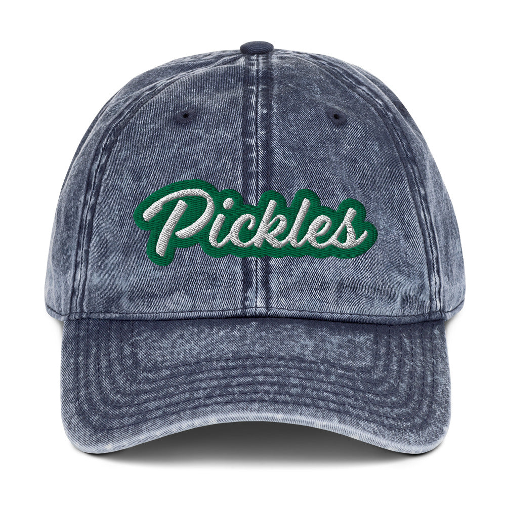 Blue Pickles Hat - Upgrade your hat game with the Pickles Hat. It's a classic dad had with a funny design, expertly embroidered on the front. Show off your sense of humor and love for pickles with this unique accessory. It's sure to turn heads and have people asking where you got it.