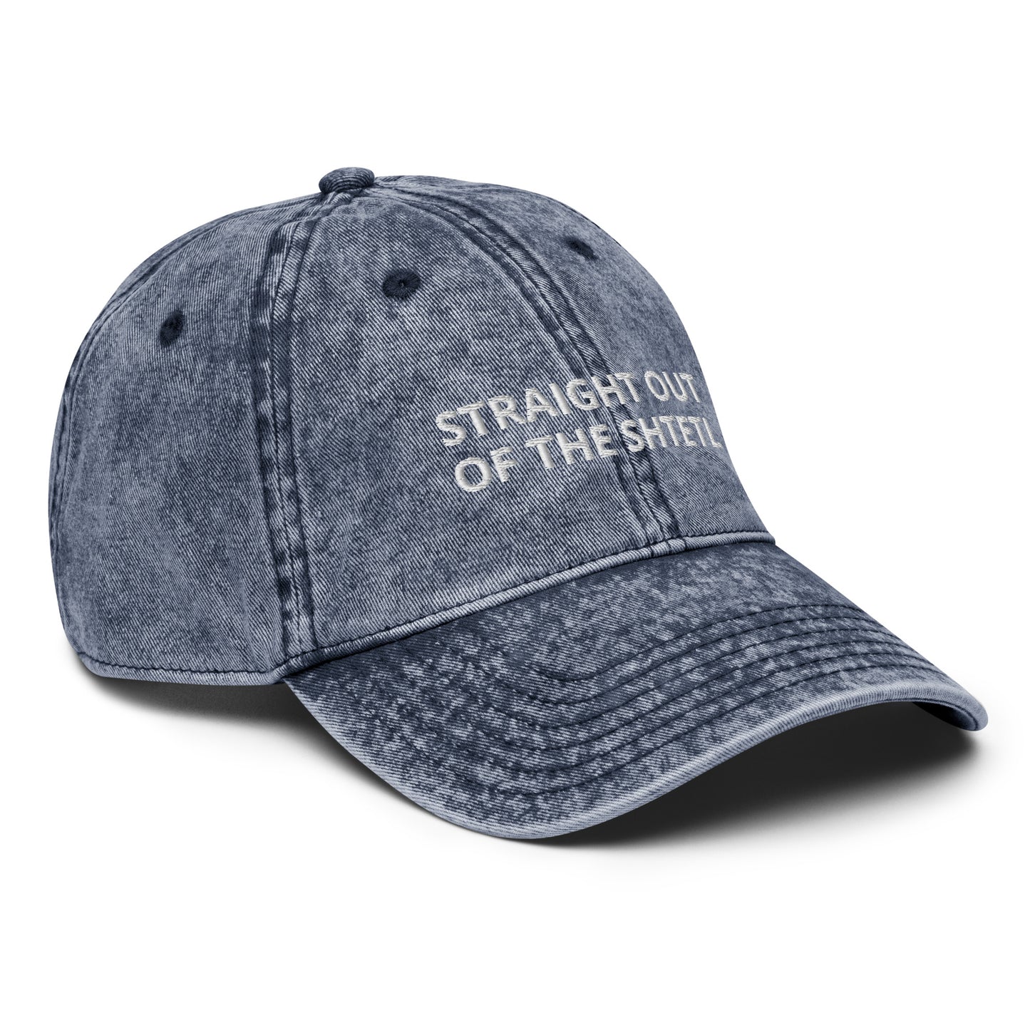 Blue Hat With Funny Jewish Design - Get ready to turn heads and confuse your neighbors with our Straight Out of the Shtetl Dad Hat. Whether you're schmoozing at brunch or haggling over artisanal pickles at the farmers' market, this hat is your ticket to cultural mystique and a few raised eyebrows. Embrace the Ashkenazi humor in this funny Jewish dad hat.
