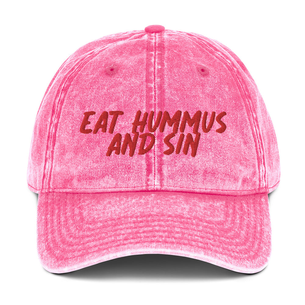Pink Hummus Hat - Love Hummus? This funny hummus hat is just what you need. Eat your favorite hummus and let your hat do the talking. It's made of comfortable cotton and comes in a variety of colors with a red embroidered "Eat Hummus And Sin". Perfect for everyday streetwear or a gift for a hummus enthusiast.