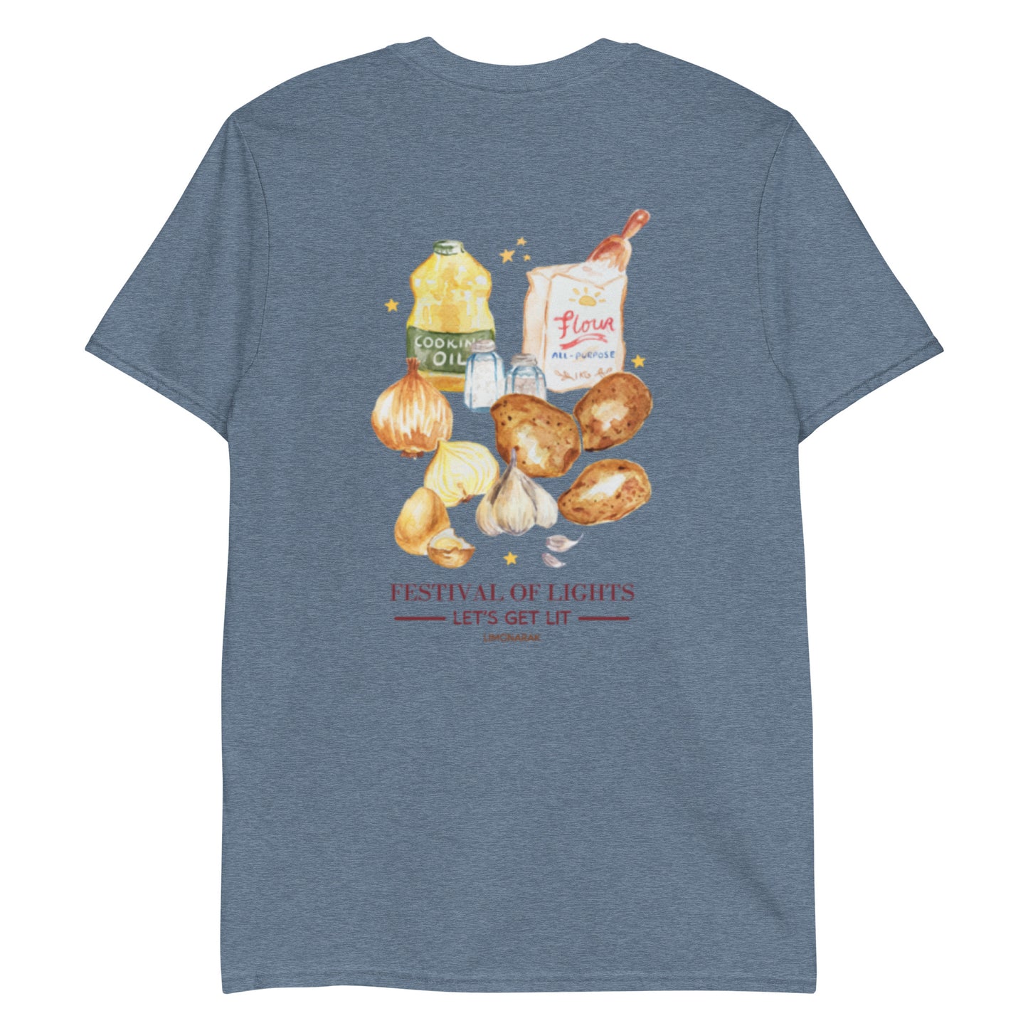Indigo Blue Festival Of Lights Latkes T-Shirt - Front & Back