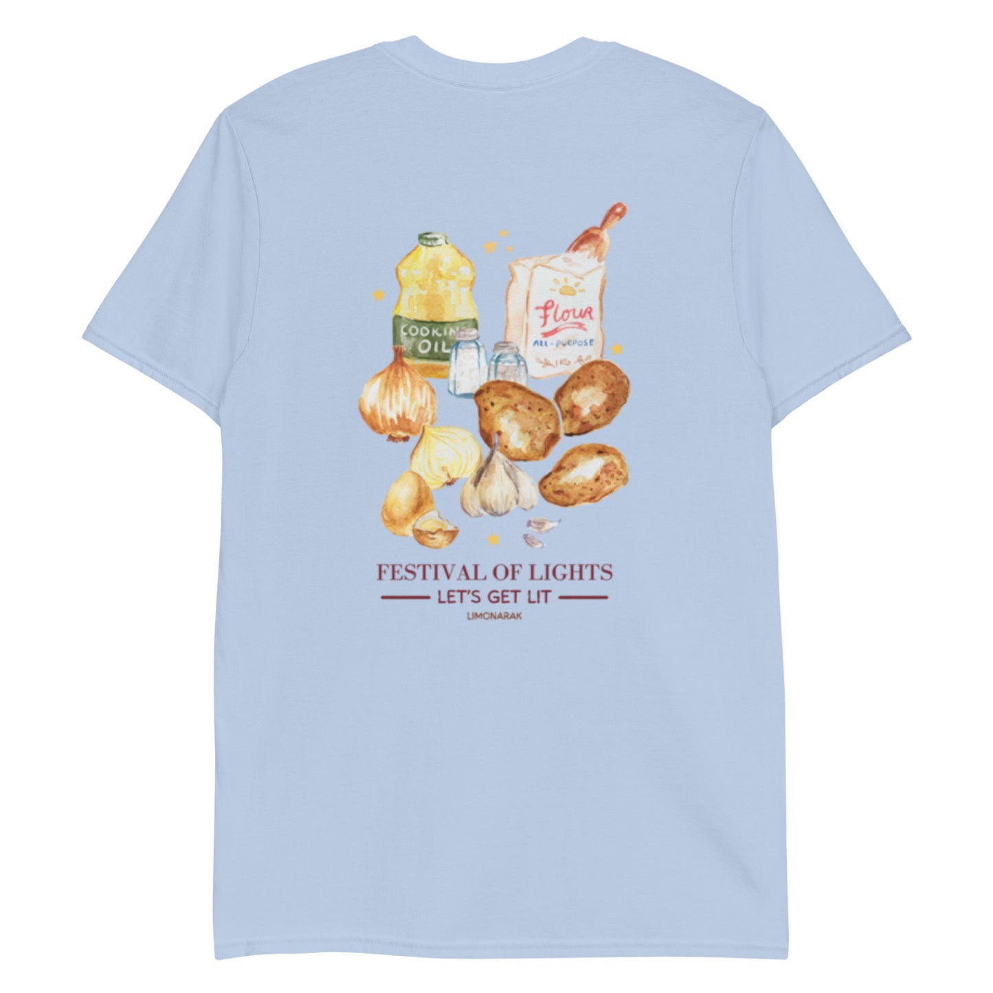 Light Blue Festival Of Lights Latkes T-Shirt - Front & Back