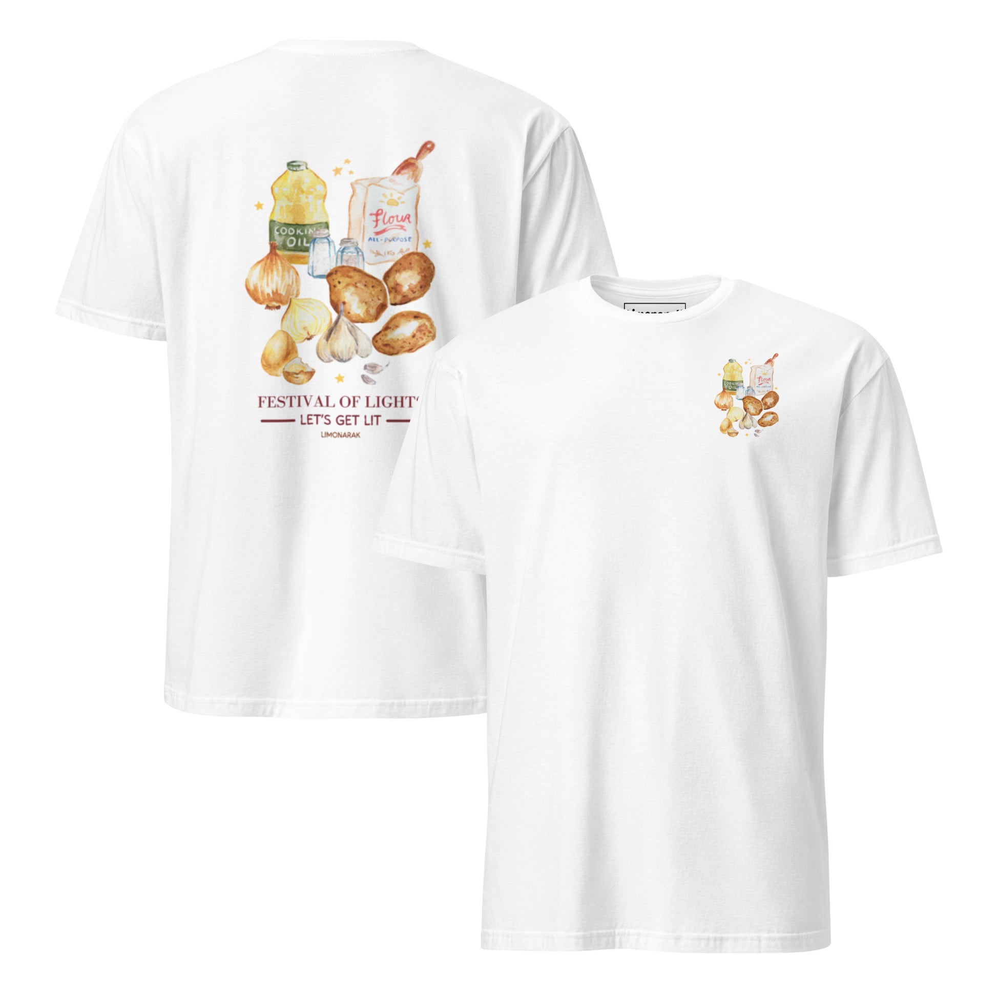 White Festival Of Lights Latkes T-Shirt - Front & Back