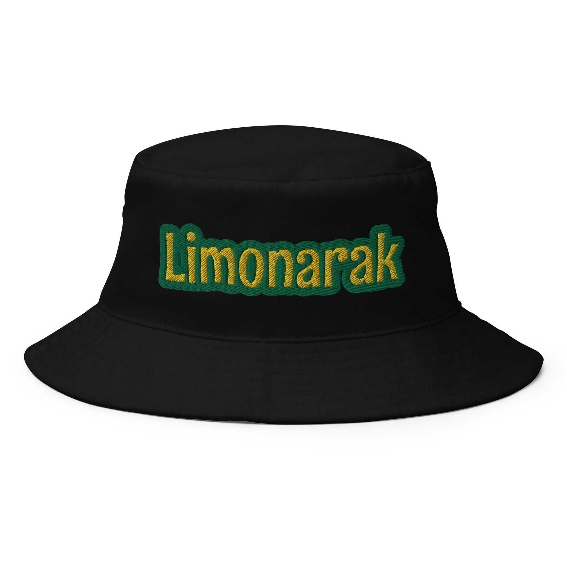 Black Limonarak bucket hat - Our Limonarak bucket hat is perfect for beach adventures, grocery shopping and everything in between. It's a classic bucket hat, made of 100% cotton with sewn eyelets for breathability and a bright design, expertly embroidered across the front. Drink your favorite cocktail in style.