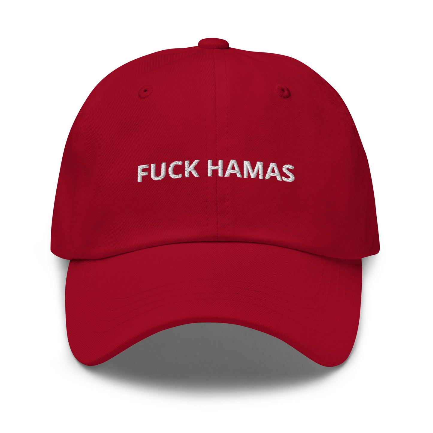 Red Fuck Hamas Hat - Introducing our Fuck Hamas Dad Hat - made with comfortable cotton and a bold, anti-Hamas design expertly embroidered on the front. Start conversations and make a statement with this classic dad hat, perfect for everyday streetwear in a variety of colors.