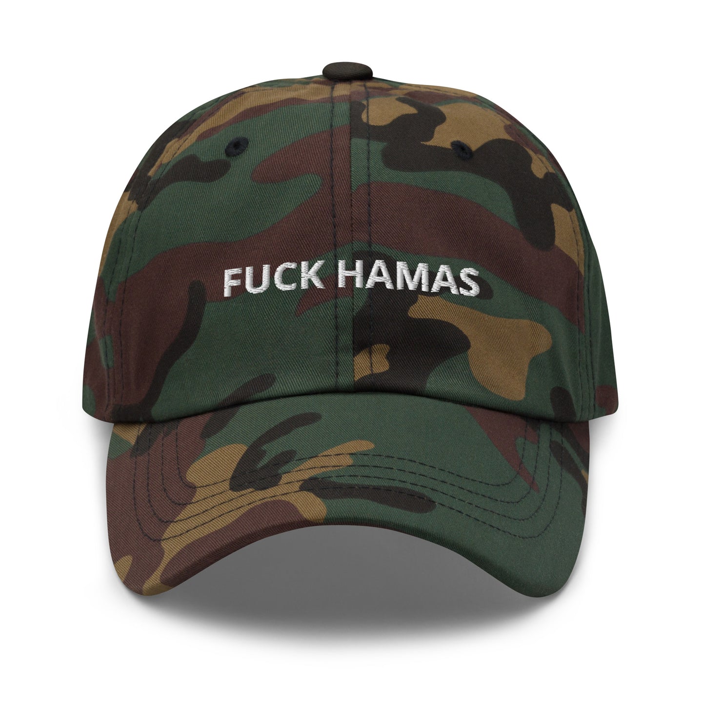 Camo Fuck Hamas Hat - Introducing our Fuck Hamas Dad Hat - made with comfortable cotton and a bold, anti-Hamas design expertly embroidered on the front. Start conversations and make a statement with this classic dad hat, perfect for everyday streetwear in a variety of colors.