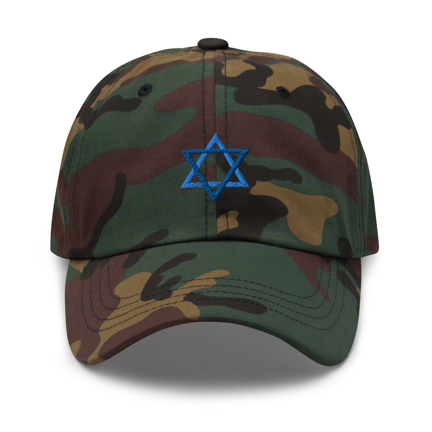 Camo Star Of David Hat - Introducing our Jewish Star Hat - made with comfortable cotton and a blue Jewish Star design expertly embroidered on the front. Make a statement and share your Jewish Pride with this classic dad hat, perfect for everyday streetwear in a variety of colors.