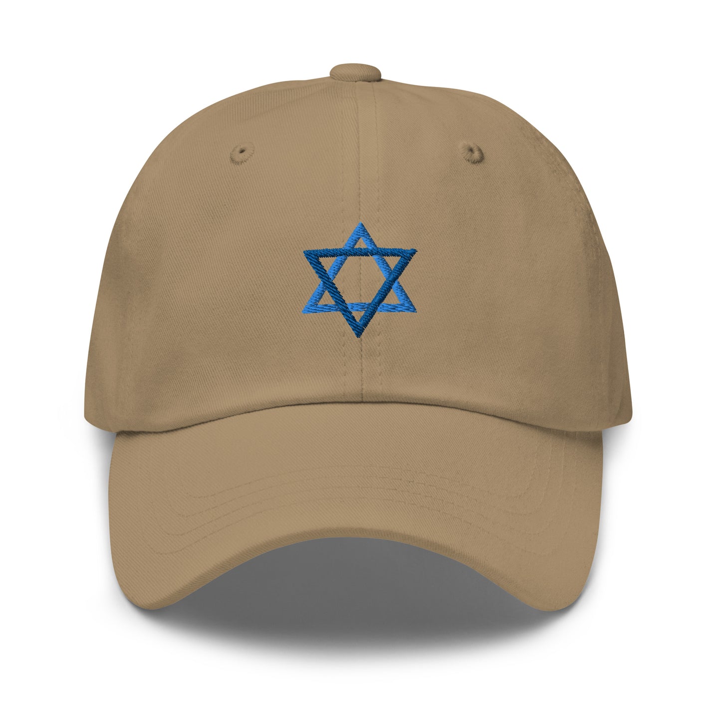 Khaki Star Of David Hat - Introducing our Jewish Star Hat - made with comfortable cotton and a blue Jewish Star design expertly embroidered on the front. Make a statement and share your Jewish Pride with this classic dad hat, perfect for everyday streetwear in a variety of colors.