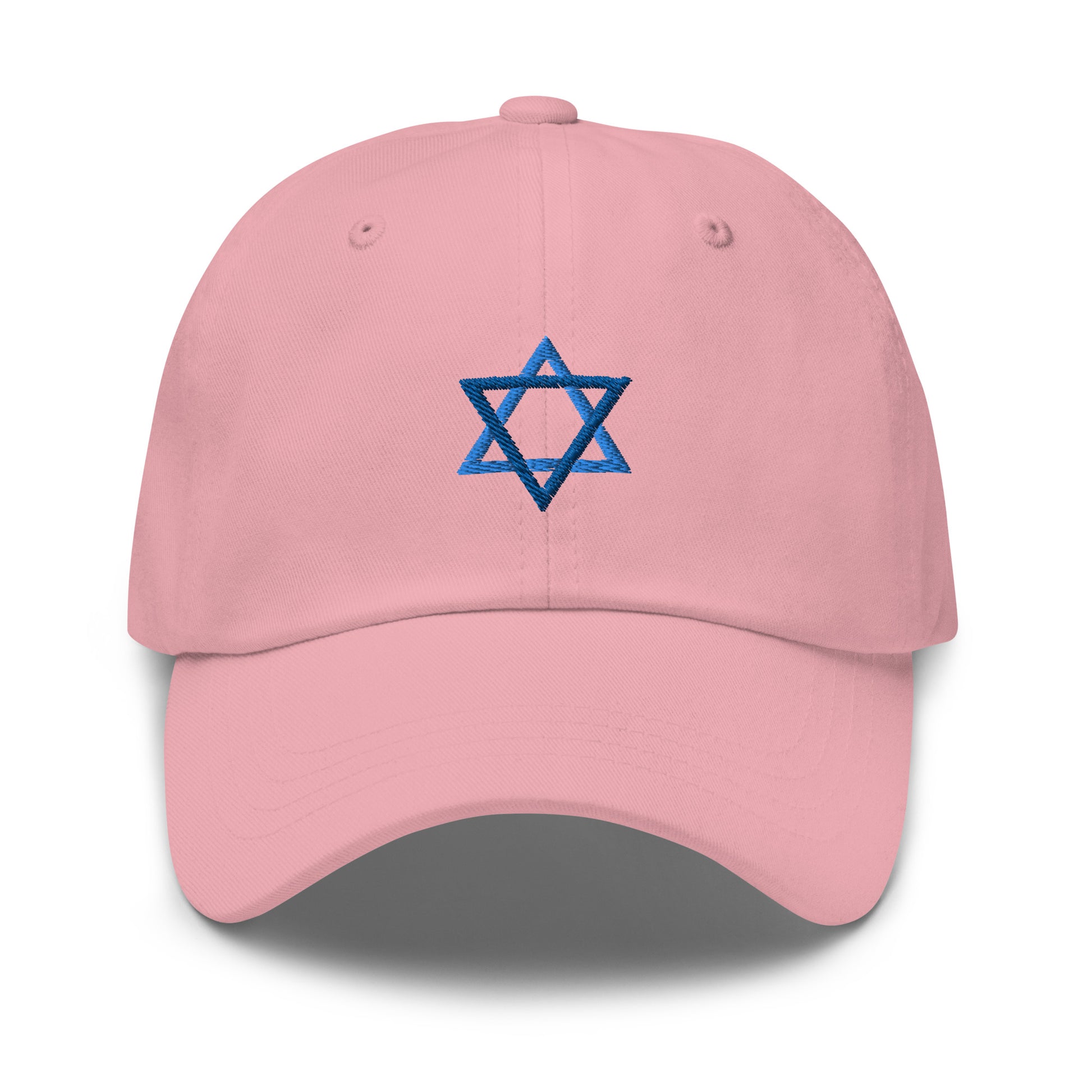 Pink Star Of David Hat - Introducing our Jewish Star Hat - made with comfortable cotton and a blue Jewish Star design expertly embroidered on the front. Make a statement and share your Jewish Pride with this classic dad hat, perfect for everyday streetwear in a variety of colors.