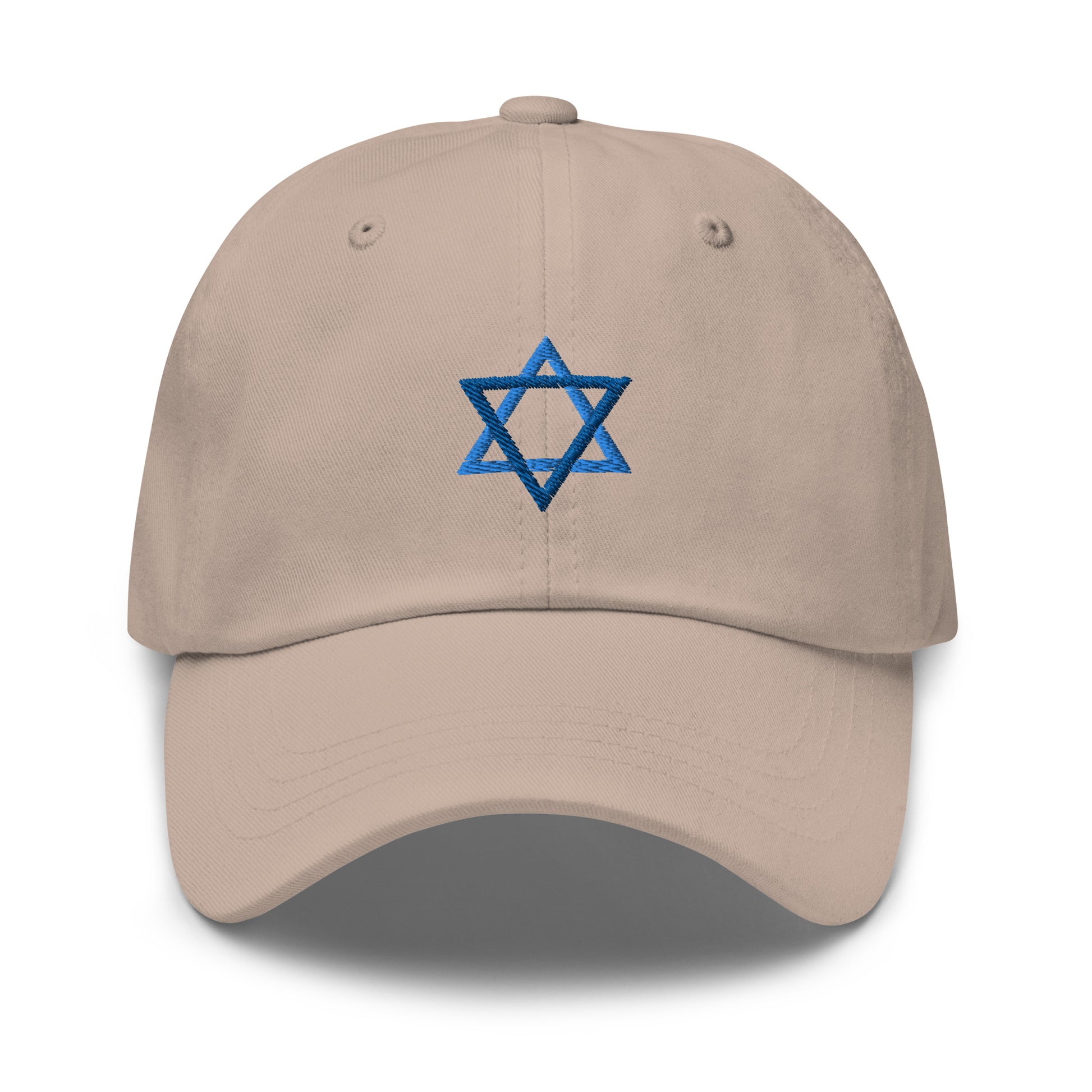 Tan Star Of David Hat - Introducing our Jewish Star Hat - made with comfortable cotton and a blue Jewish Star design expertly embroidered on the front. Make a statement and share your Jewish Pride with this classic dad hat, perfect for everyday streetwear in a variety of colors.