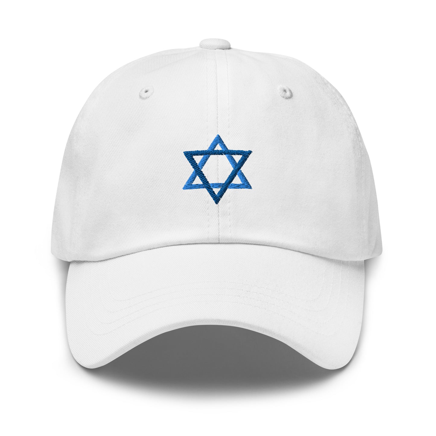 White Star Of David Hat - Introducing our Jewish Star Hat - made with comfortable cotton and a blue Jewish Star design expertly embroidered on the front. Make a statement and share your Jewish Pride with this classic dad hat, perfect for everyday streetwear in a variety of colors.