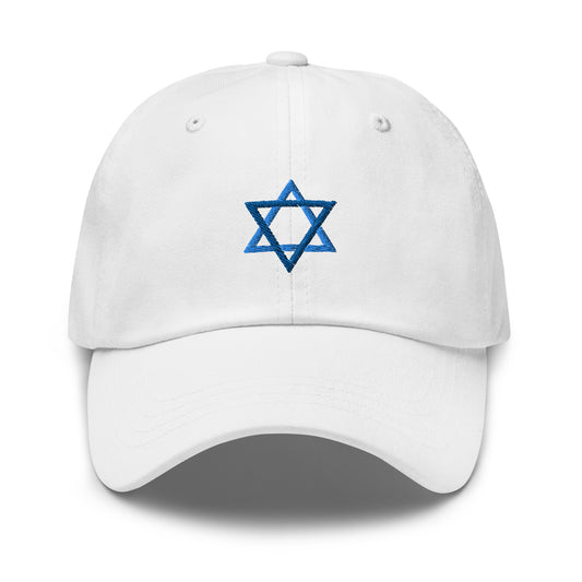 White Star Of David Hat - Introducing our Jewish Star Hat - made with comfortable cotton and a blue Jewish Star design expertly embroidered on the front. Make a statement and share your Jewish Pride with this classic dad hat, perfect for everyday streetwear in a variety of colors.