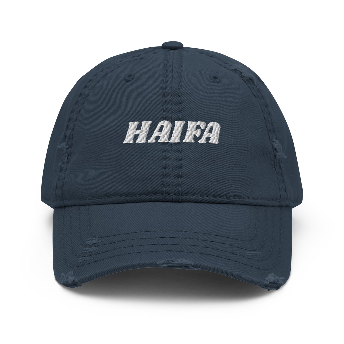 Navy Haifa Dad Hat - Our Haifa Hat is comfortable, adjustable and comes in a few different colors. It's a classic dad hat with a Haifa, expertly embroidered on the front.