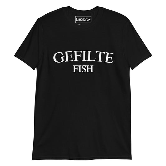 Black T-Shirt with Gefilte Fish Design - Celebrate your love for Ashkenazi food with our Gefilte Fish T-Shirt! Our funny design showcases your appreciation for this classic dish. Made with high-quality cotton, this t-shirt is sure to be a hit at family gatherings and is sure to turn heads. Add some Jewish humor to your wardrobe with our Gefilte Fish T-Shirt. 