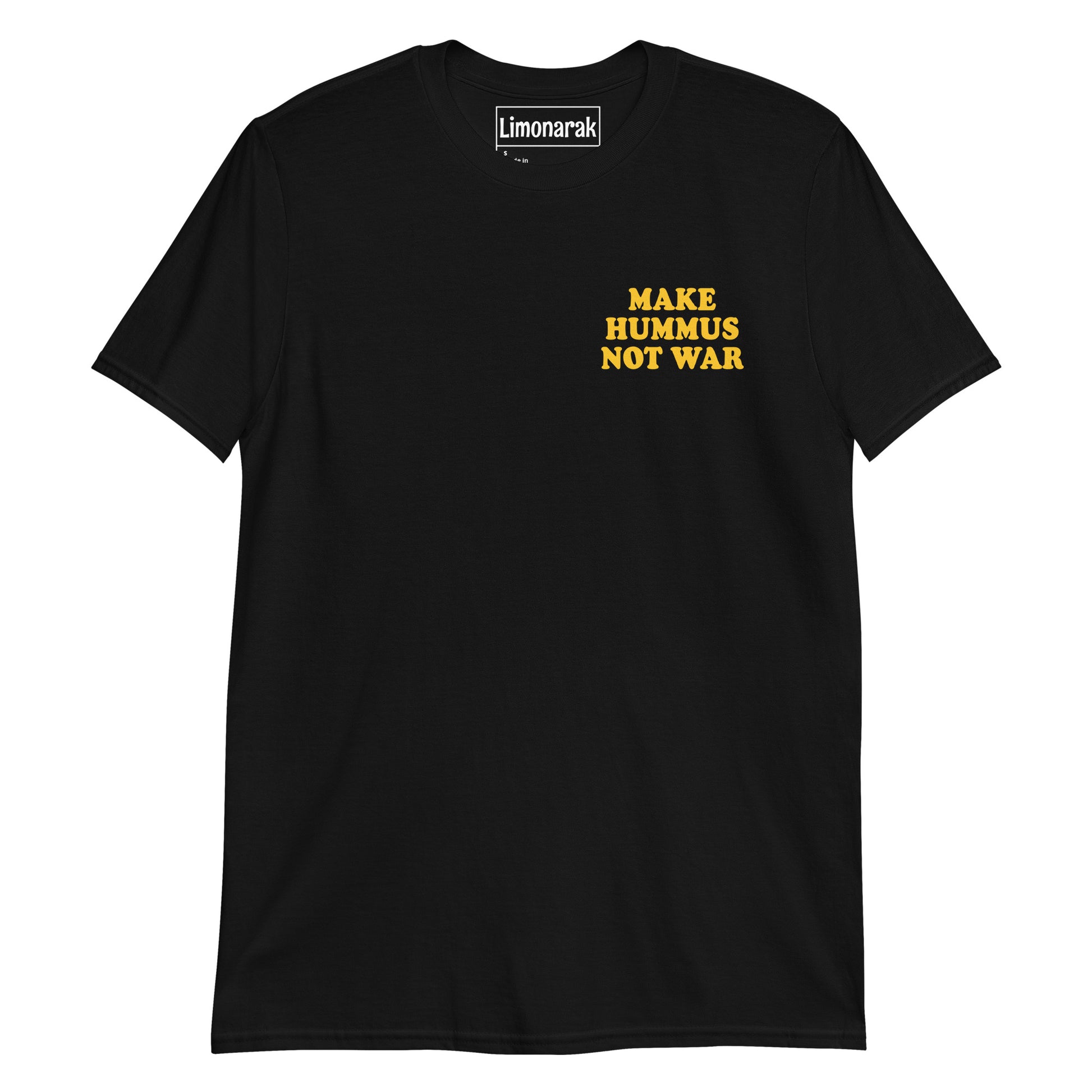 Black Make Hummus Not War Shirt - Make Hummus Not War. This t-shirt is soft and comfortable with a small design, expertly printed on the front. Let your tee do the talking in this anti-war t-shirt for hummus lovers.  Looking for something personalized? Shoot us a message!