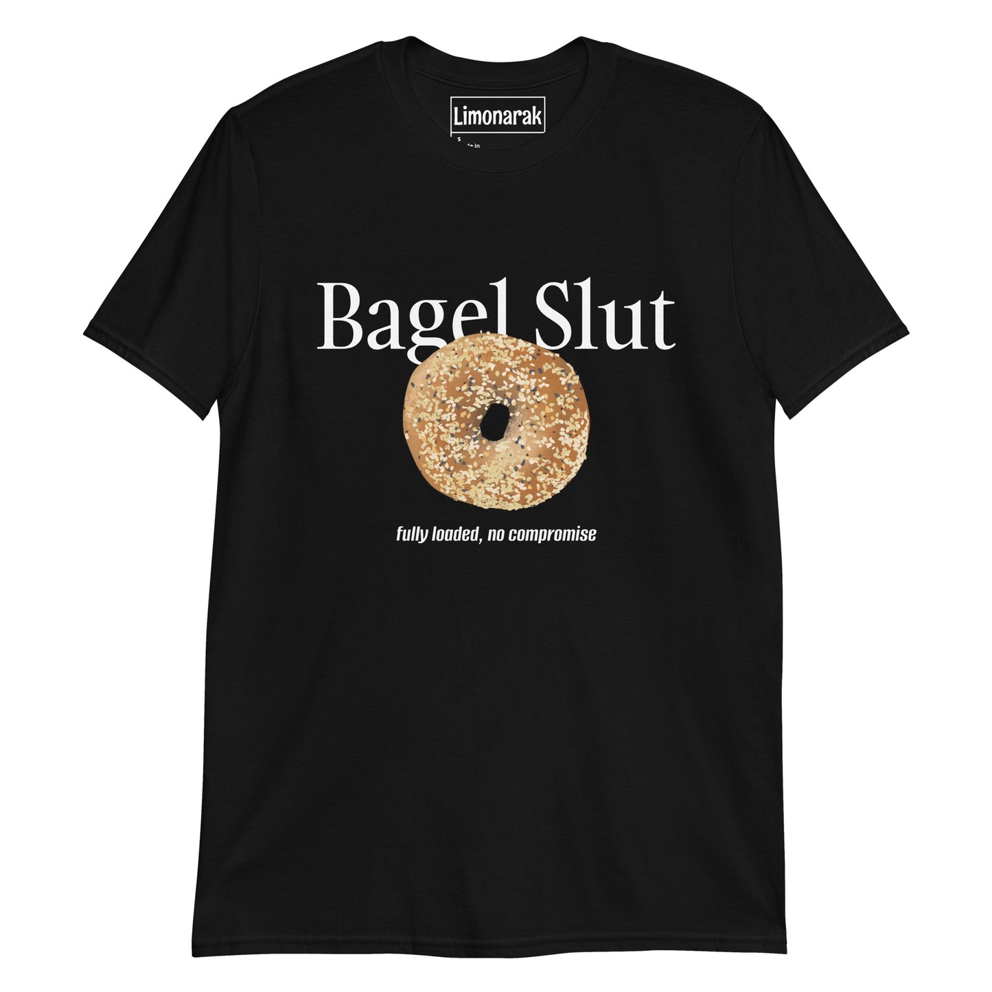 Black Bagel Slut T-Shirt with Everything Bagel - Are you a bagel slut? Make a statement in this funny bagel t-shirt design. It's a soft and comfortable graphic tee with an everything bagel and funny bagel phrase, expertly printed on the front. Looking for something personalized? Shoot us a message!