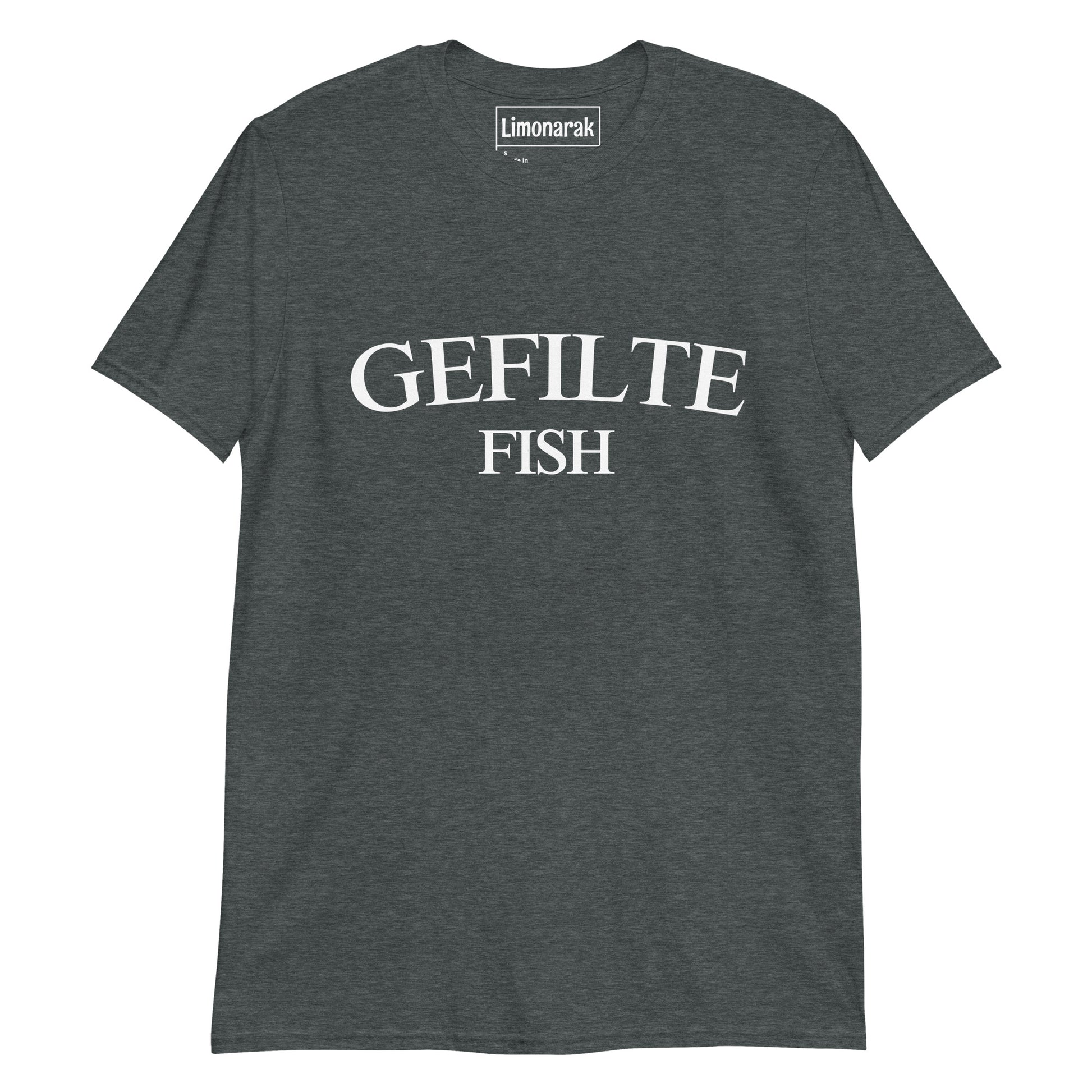 Gray Jewish Humor T-shirt - Celebrate your love for Ashkenazi food with our Gefilte Fish T-Shirt! Our funny design showcases your appreciation for this classic dish. Made with high-quality cotton, this t-shirt is sure to be a hit at family gatherings and is sure to turn heads. Add some Jewish humor to your wardrobe with our Gefilte Fish T-Shirt. 