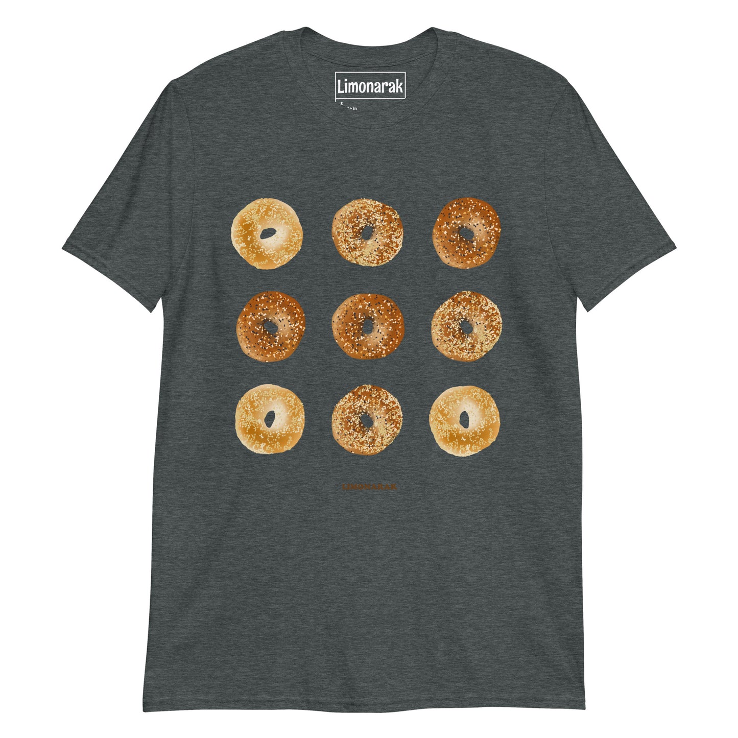 Dark Gray bagels graphic tee with seseme and everything bagel design - Show your love for bagels with our Nine Bagels T-Shirt. This graphic tee is perfect for any bagel enthusiast, featuring a unique and eye-catching bagel design. Stand out from the crowd and share your passion for bagels with this bagel graphic tee. It's soft, comfortable and perfect for everyday streetwear.