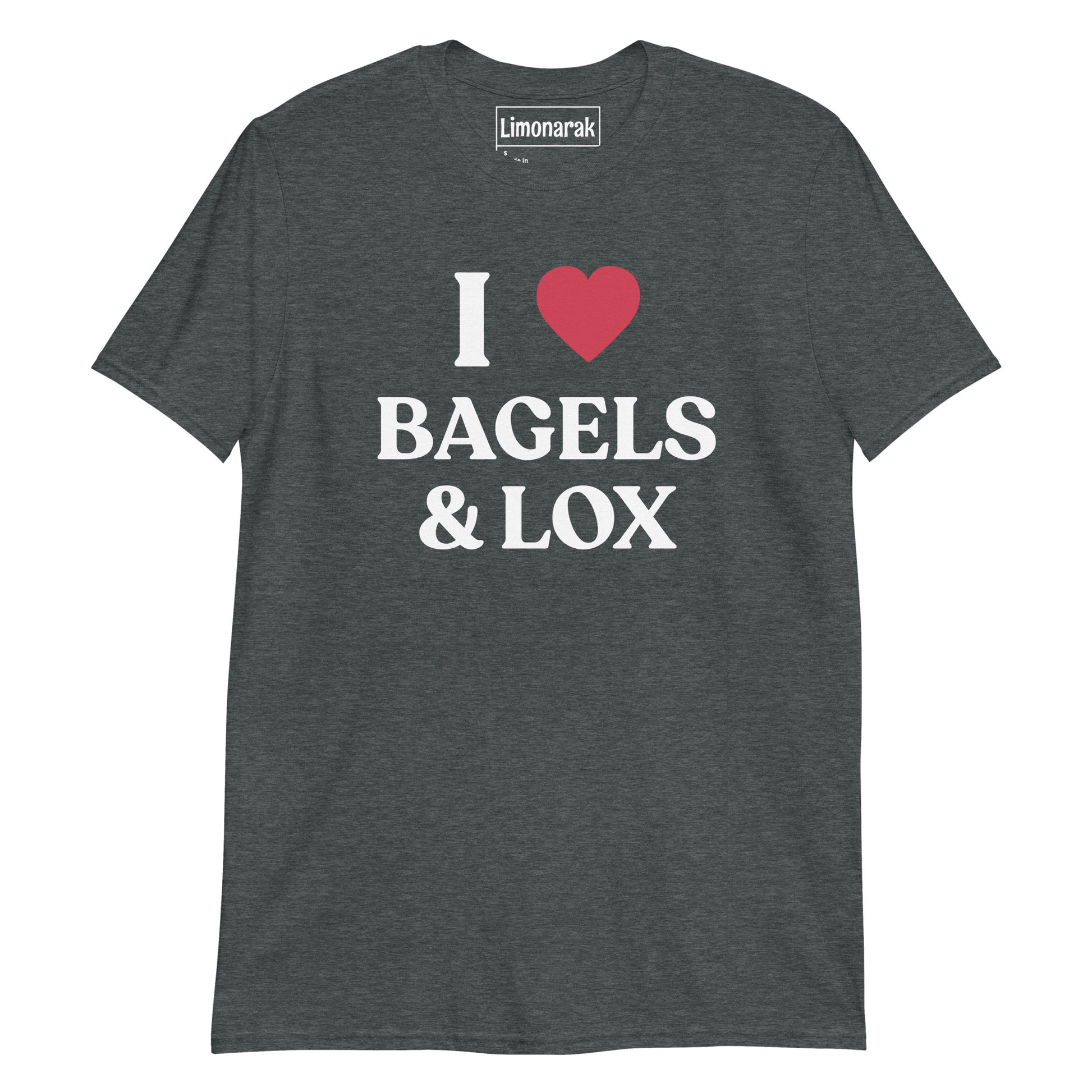 Dark Gray I Love Bagels and Lox Shirt - Show your love for bagels and lox with this funny graphic tee. Perfect for Jewish foodies and bagel enthusiasts alike, this shirt is a must-have. Embrace your love for this classic combination with our I Heart Bagels & Lox T-Shirt. Great for everyday streetwear or a gift for your favorite American Yid.