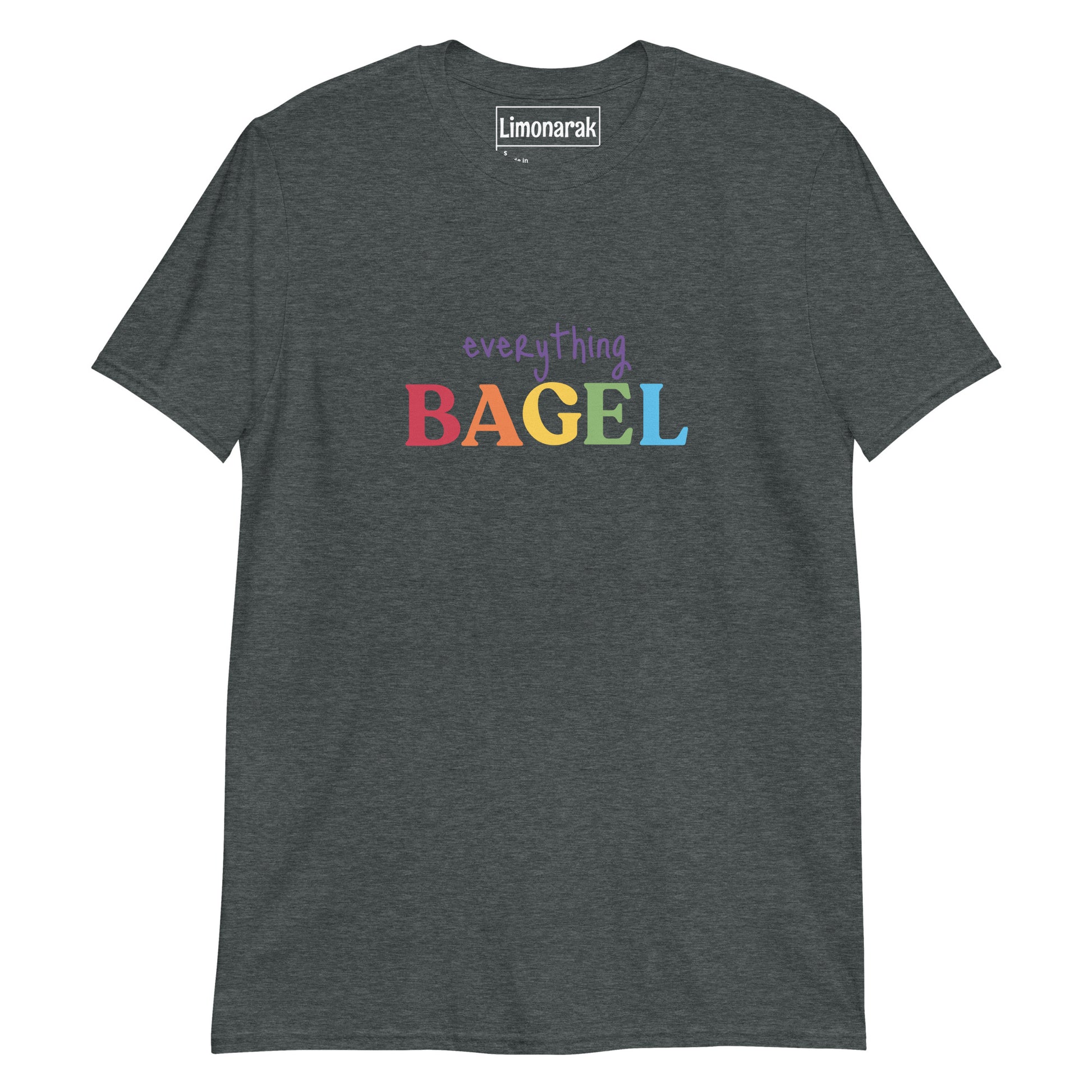 Dark Gary Everything Bagel T-Shirt in Rainbow Text - Our Everything Bagel Pride T-shirt is soft and made of comfortable cotton. The colorful design is expertly printed on the front and makes a statement while showing off your love of bagels. Perfect for everyday streetwear or a gift for a bagel lover. 