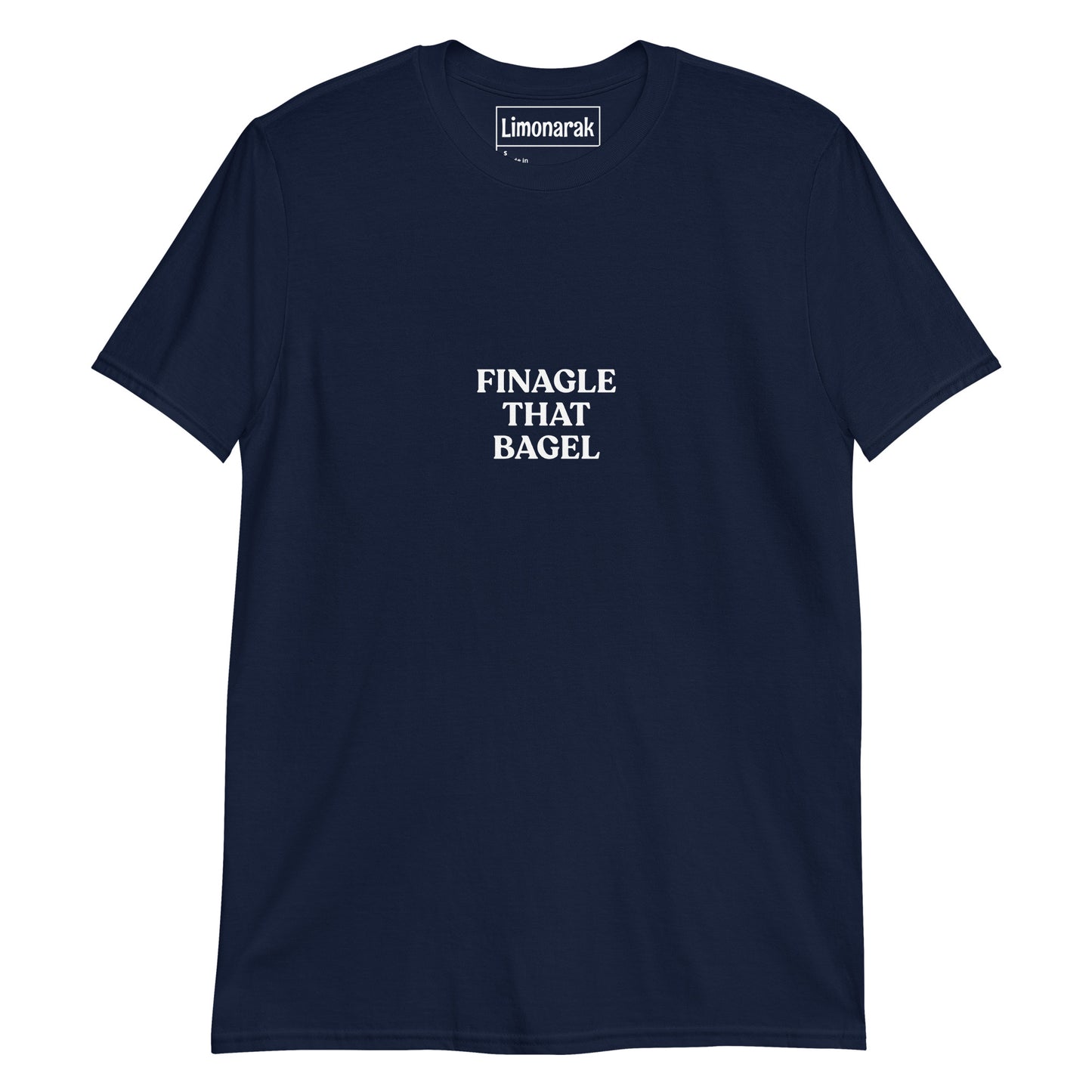 Navy Finagle That Bagel Shirt - Love bagels? Eat your favorite bagels in this funny bagel shirt. It's a soft and comfortable tee with "Finagle That Bagel" on the front.