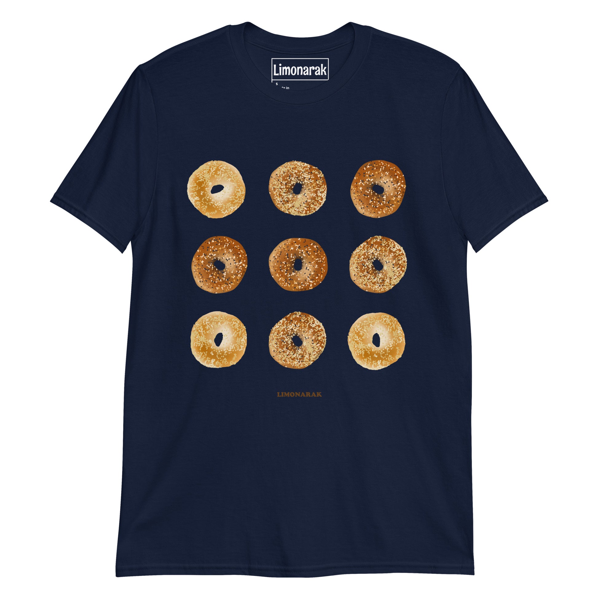 Navy T-shirt with everything bagels and sesame bagels -Show your love for bagels with our Nine Bagels T-Shirt. This graphic tee is perfect for any bagel enthusiast, featuring a unique and eye-catching bagel design. Stand out from the crowd and share your passion for bagels with this bagel graphic tee. It's soft, comfortable and perfect for everyday streetwear.