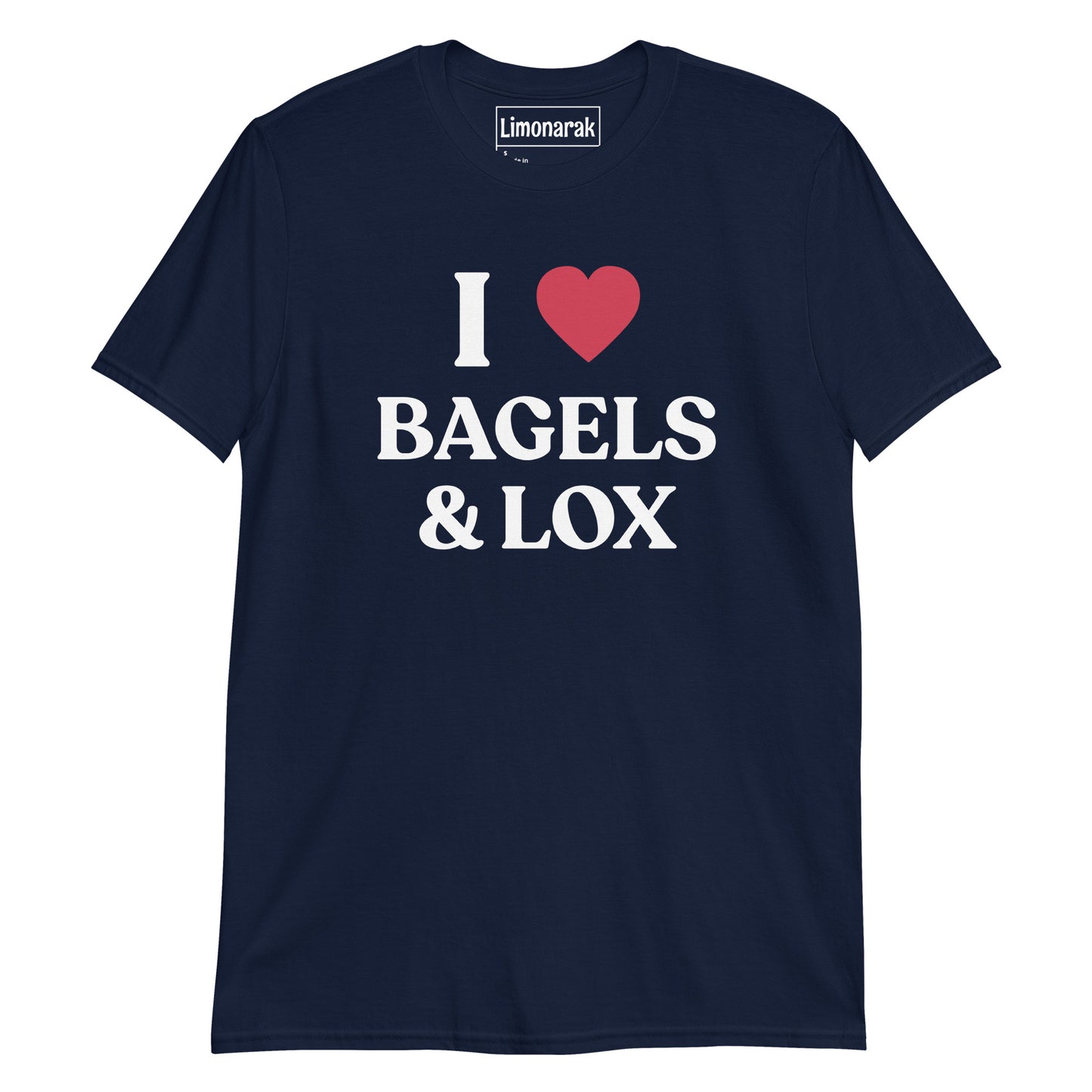 Navy I Love Bagels and Lox Shirt - Show your love for bagels and lox with this funny graphic tee. Perfect for Jewish foodies and bagel enthusiasts alike, this shirt is a must-have. Embrace your love for this classic combination with our I Heart Bagels & Lox T-Shirt. Great for everyday streetwear or a gift for your favorite American Yid.