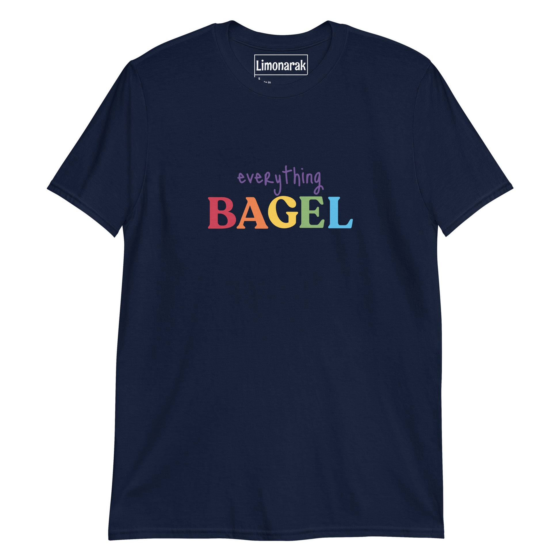 Navy Everything Bagel T-Shirt in Pride Colors - Our Everything Bagel Pride T-shirt is soft and made of comfortable cotton. The colorful design is expertly printed on the front and makes a statement while showing off your love of bagels. Perfect for everyday streetwear or a gift for a bagel lover. 