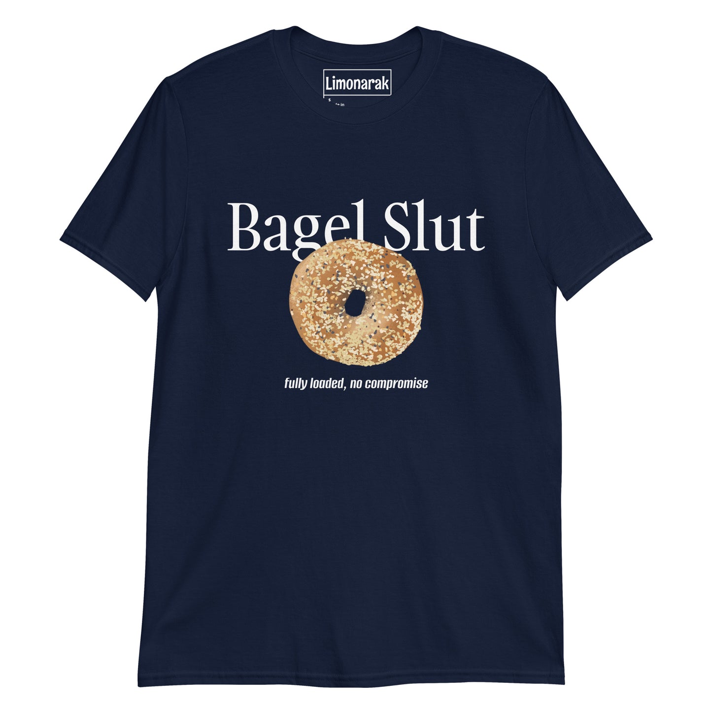 Navy Bagel Slut T-Shirt with Everything Bagel - Are you a bagel slut? Make a statement in this funny bagel t-shirt design. It's a soft and comfortable graphic tee with an everything bagel and funny bagel phrase, expertly printed on the front. Looking for something personalized? Shoot us a message!