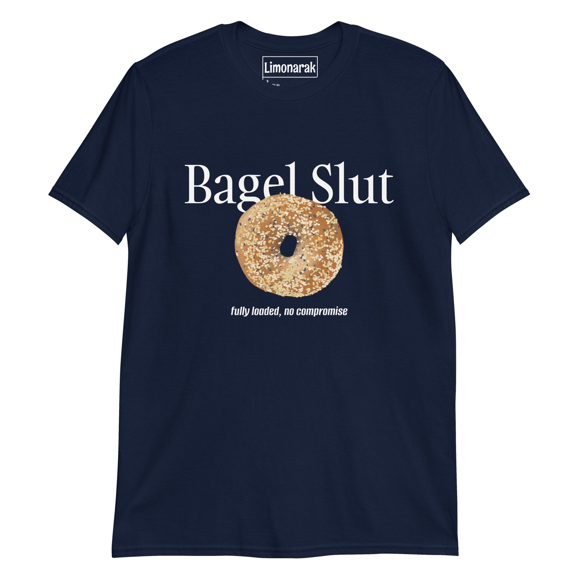 Navy Bagel Slut T-Shirt with Everything Bagel - Are you a bagel slut? Make a statement in this funny bagel t-shirt design. It's a soft and comfortable graphic tee with an everything bagel and funny bagel phrase, expertly printed on the front. Looking for something personalized? Shoot us a message!