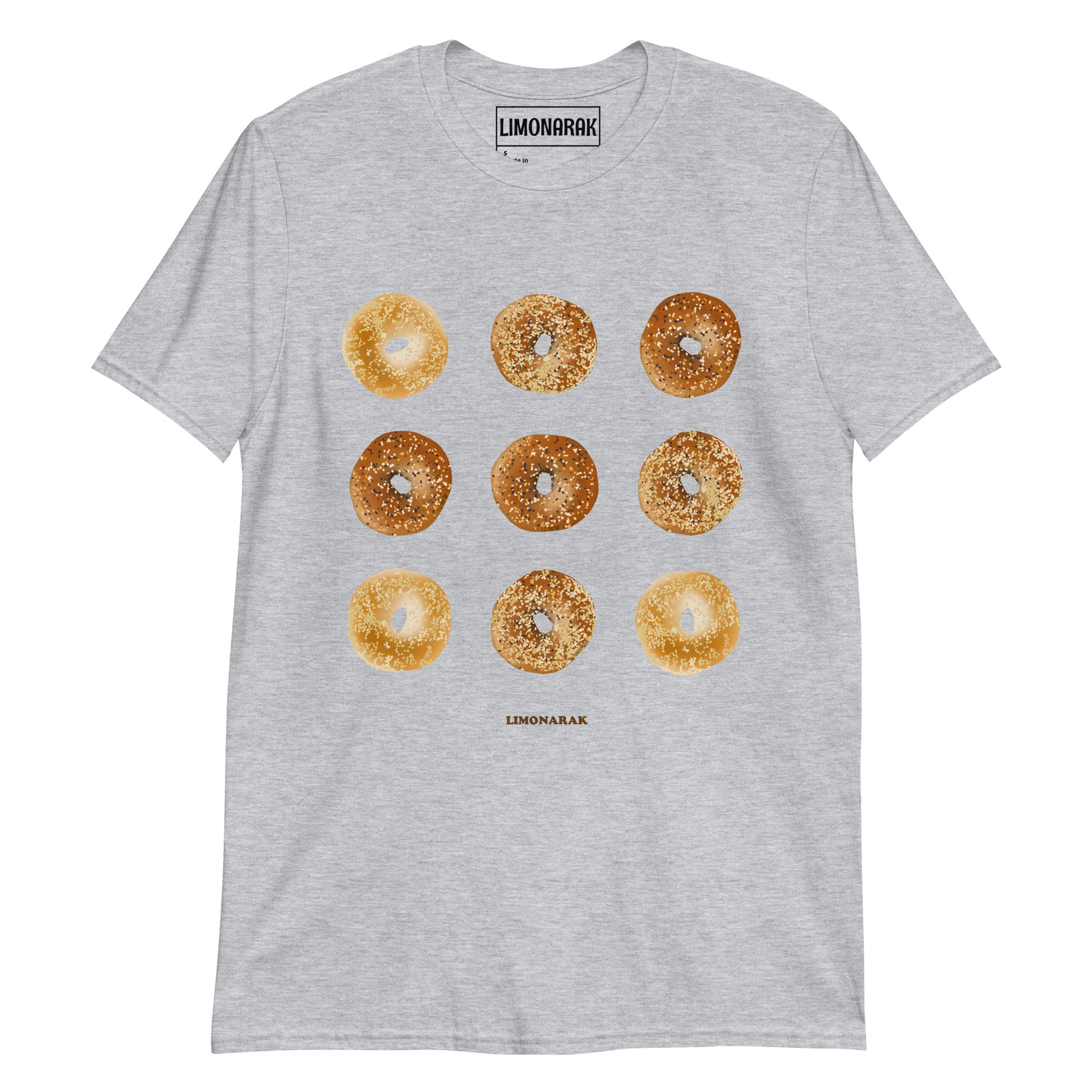 Light Gray sesame and everything bagels t-shirt design - Show your love for bagels with our Nine Bagels T-Shirt. This graphic tee is perfect for any bagel enthusiast, featuring a unique and eye-catching bagel design. Stand out from the crowd and share your passion for bagels with this bagel graphic tee. It's soft, comfortable and perfect for everyday streetwear.