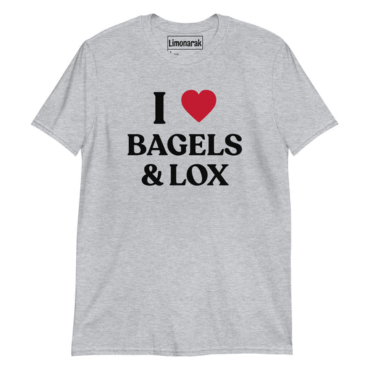 Light Gray I Love Bagels and Lox Shirt - Show your love for bagels and lox with this funny graphic tee. Perfect for Jewish foodies and bagel enthusiasts alike, this shirt is a must-have. Embrace your love for this classic combination with our I Heart Bagels & Lox T-Shirt. Great for everyday streetwear or a gift for your favorite American Yid.