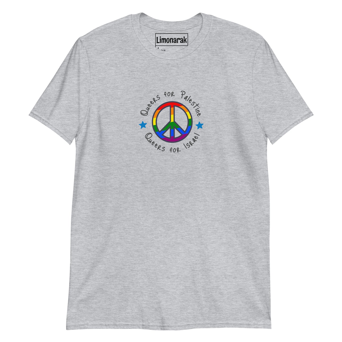 Gray Queers for Israel and Palestine T-shirt - Make a statement for peace in the Middle East. We can support both people, condemn terror, and build a better future, together.