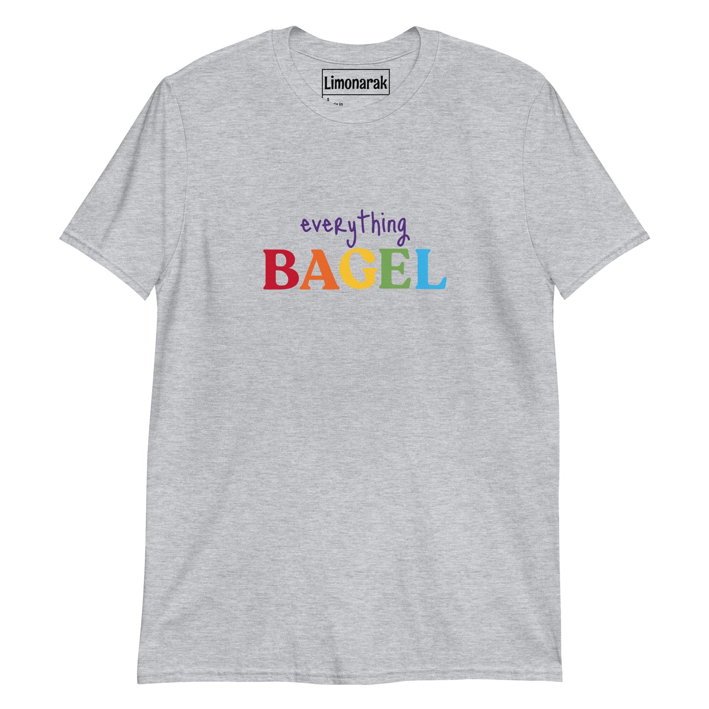 Light Gray Everything Bagel T-Shirt with Rainbow Pride Text - Our Everything Bagel Pride T-shirt is soft and made of comfortable cotton. The colorful design is expertly printed on the front and makes a statement while showing off your love of bagels. Perfect for everyday streetwear or a gift for a bagel lover. 