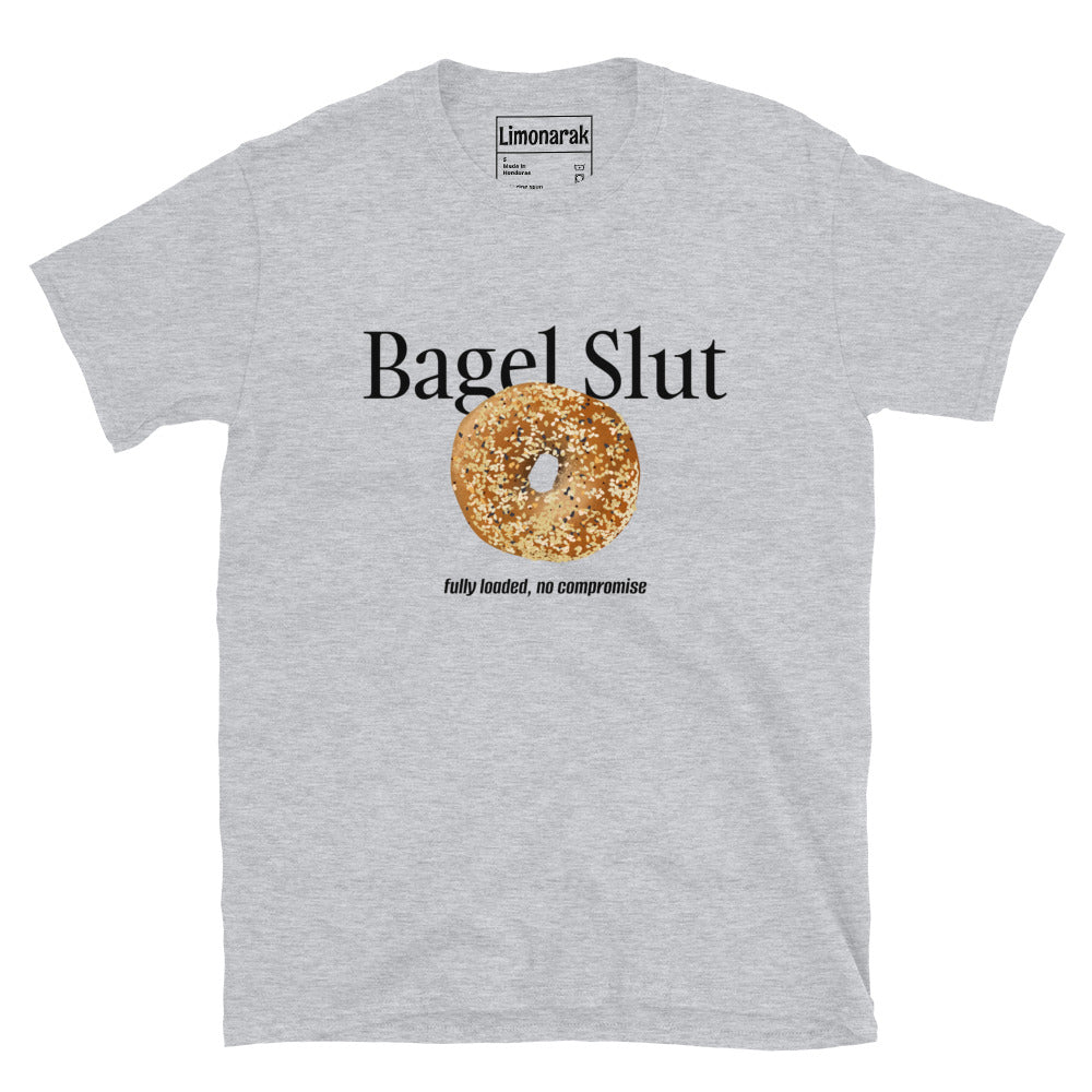 Light Gray Bagel Slut T-Shirt with Everything Bagel - Are you a bagel slut? Make a statement in this funny bagel t-shirt design. It's a soft and comfortable graphic tee with an everything bagel and funny bagel phrase, expertly printed on the front. Looking for something personalized? Shoot us a message!