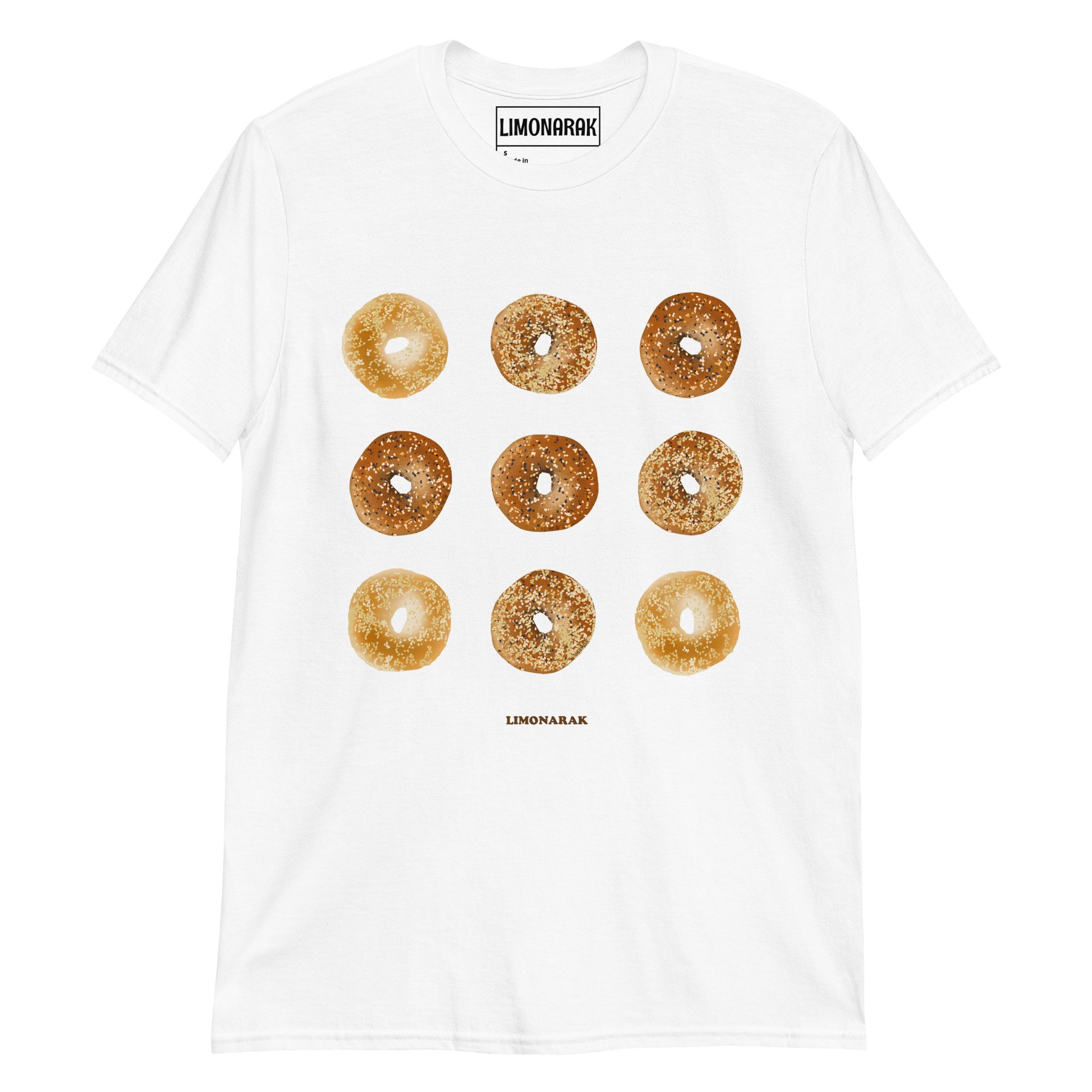 White T-shirt with Nina bagels - Show your love for bagels with our Nine Bagels T-Shirt. This graphic tee is perfect for any bagel enthusiast, featuring a unique and eye-catching bagel design. Stand out from the crowd and share your passion for bagels with this bagel graphic tee. It's soft, comfortable and perfect for everyday streetwear.