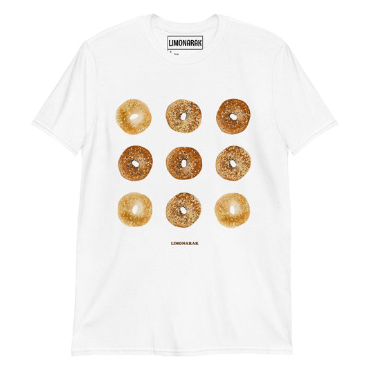 White T-shirt with Nina bagels - Show your love for bagels with our Nine Bagels T-Shirt. This graphic tee is perfect for any bagel enthusiast, featuring a unique and eye-catching bagel design. Stand out from the crowd and share your passion for bagels with this bagel graphic tee. It's soft, comfortable and perfect for everyday streetwear.