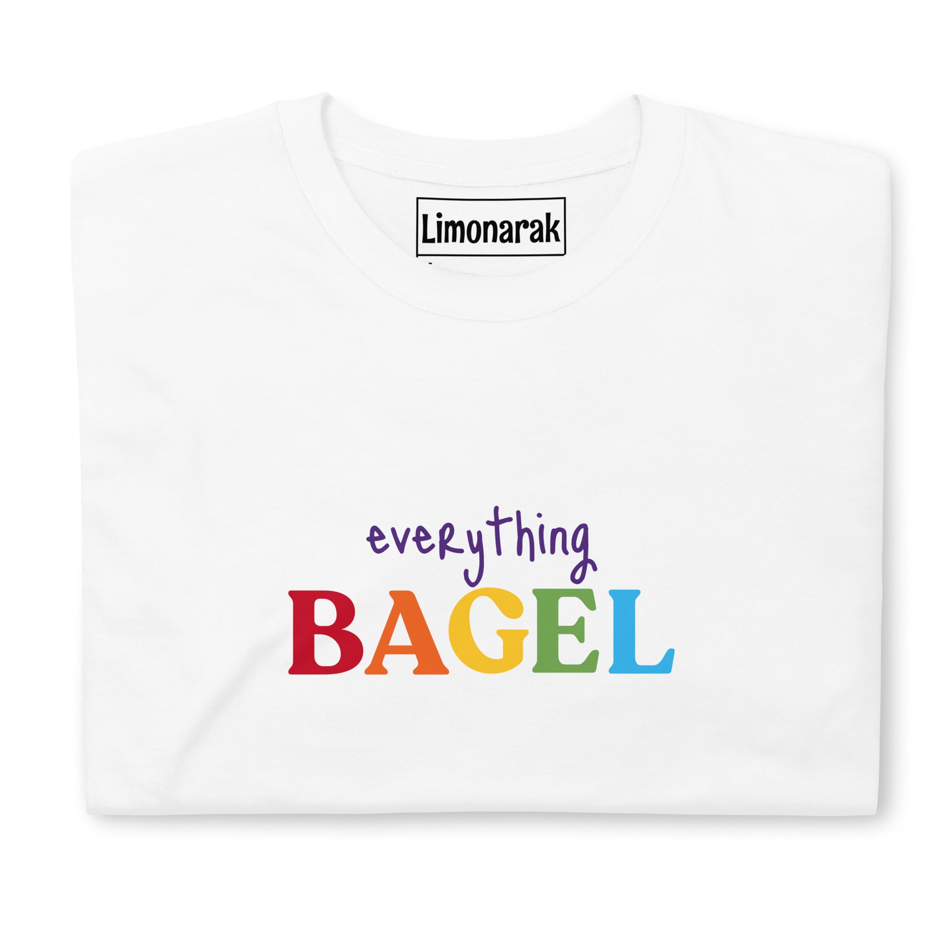 White Everything Bagel Rainbow T-Shirt - Our Everything Bagel Pride T-shirt is soft and made of comfortable cotton. The colorful design is expertly printed on the front and makes a statement while showing off your love of bagels. Perfect for everyday streetwear or a gift for a bagel lover. 