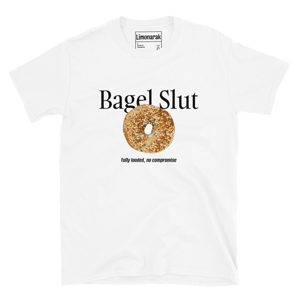 White Bagel Slut T-Shirt with Everything Bagel - Are you a bagel slut? Make a statement in this funny bagel t-shirt design. It's a soft and comfortable graphic tee with an everything bagel and funny bagel phrase, expertly printed on the front. Looking for something personalized? Shoot us a message! 