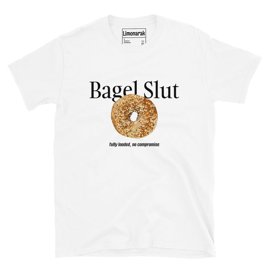 White Bagel Slut T-Shirt with Everything Bagel - Are you a bagel slut? Make a statement in this funny bagel t-shirt design. It's a soft and comfortable graphic tee with an everything bagel and funny bagel phrase, expertly printed on the front. Looking for something personalized? Shoot us a message! 