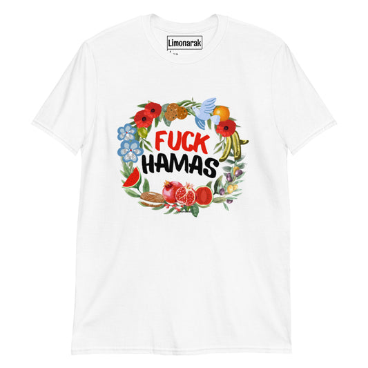 White Fuck Hamas T-Shirt - Make a statement in this Fuck Hamas Shirt. Its a classic cotton graphic tee with a pro-peace, anti-Hamas design, expertly printed on the front. The unique and colorful frame represents both cultures and coexistence again terrorism.