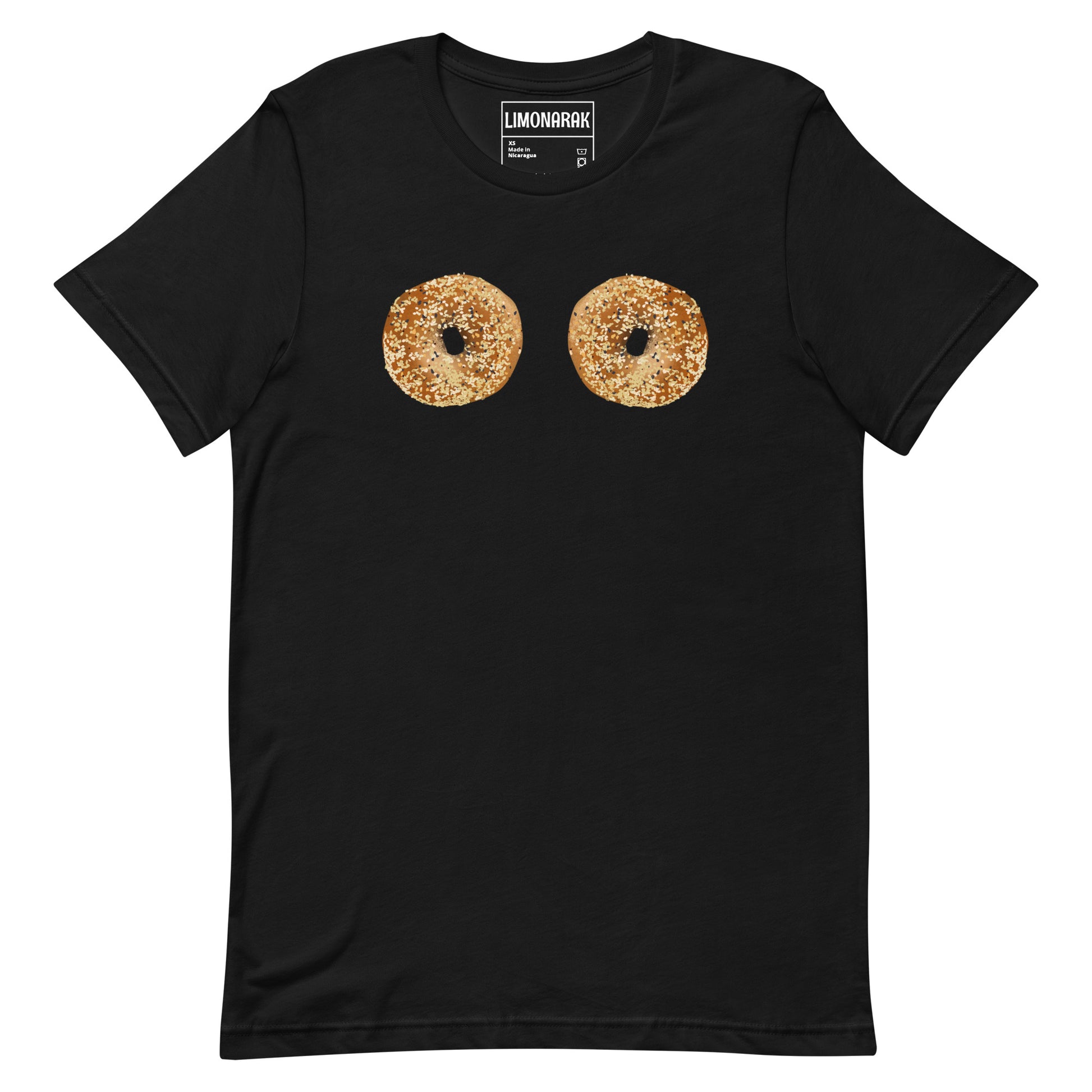 Black Bagel Boobs Shirt - Introducing our Bagel Boobs T-Shirt, featuring two everything bagels, expertly printed on the front. Express your love for bagels in our unique and funny bagel graphic tee. Made with high-quality cotton, this shirt is perfect for any bagel lover. Great for everyday streetwear or a gift for a bagel enthusiast.